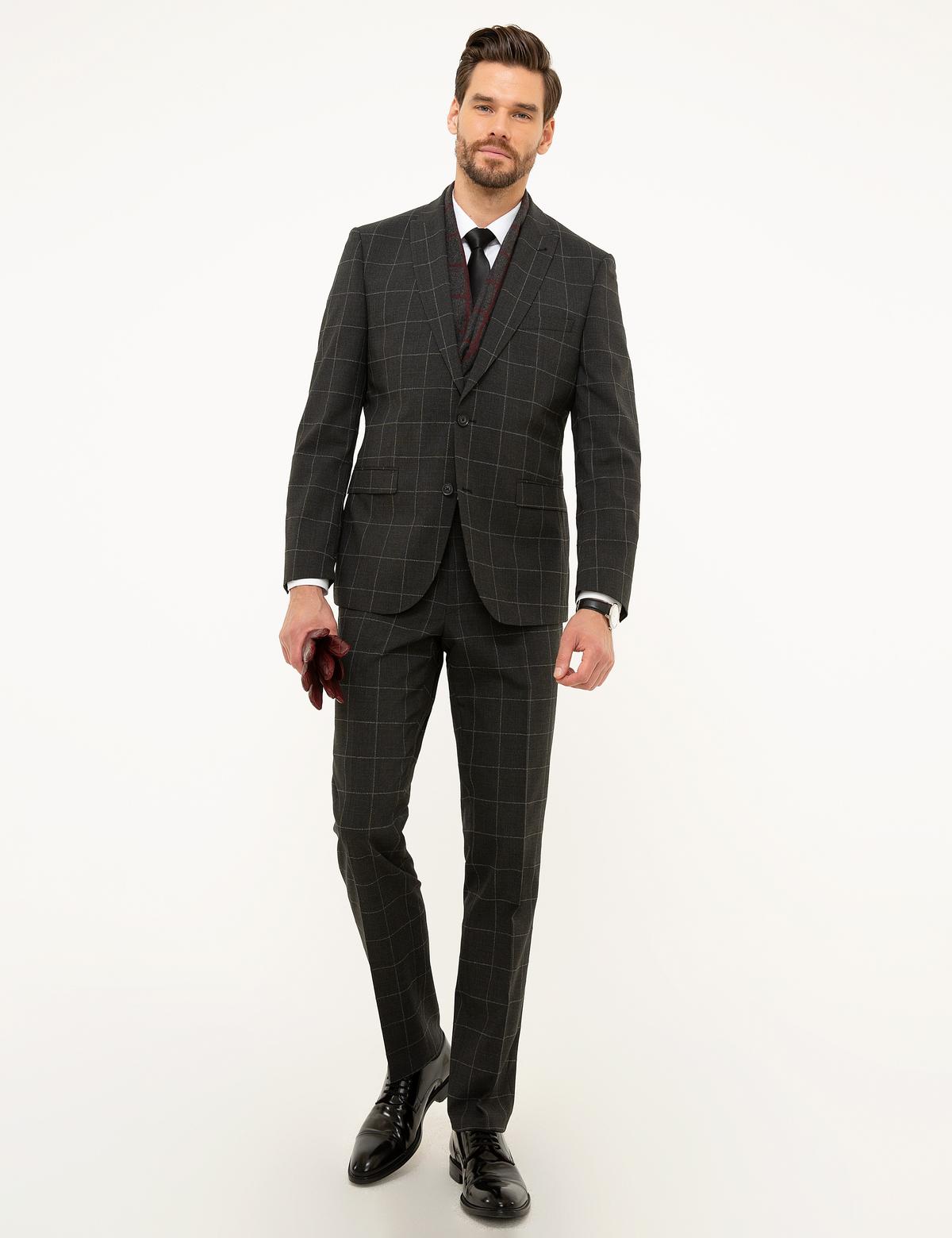 Ekose Antrasit Slim Fit Takım Elbise