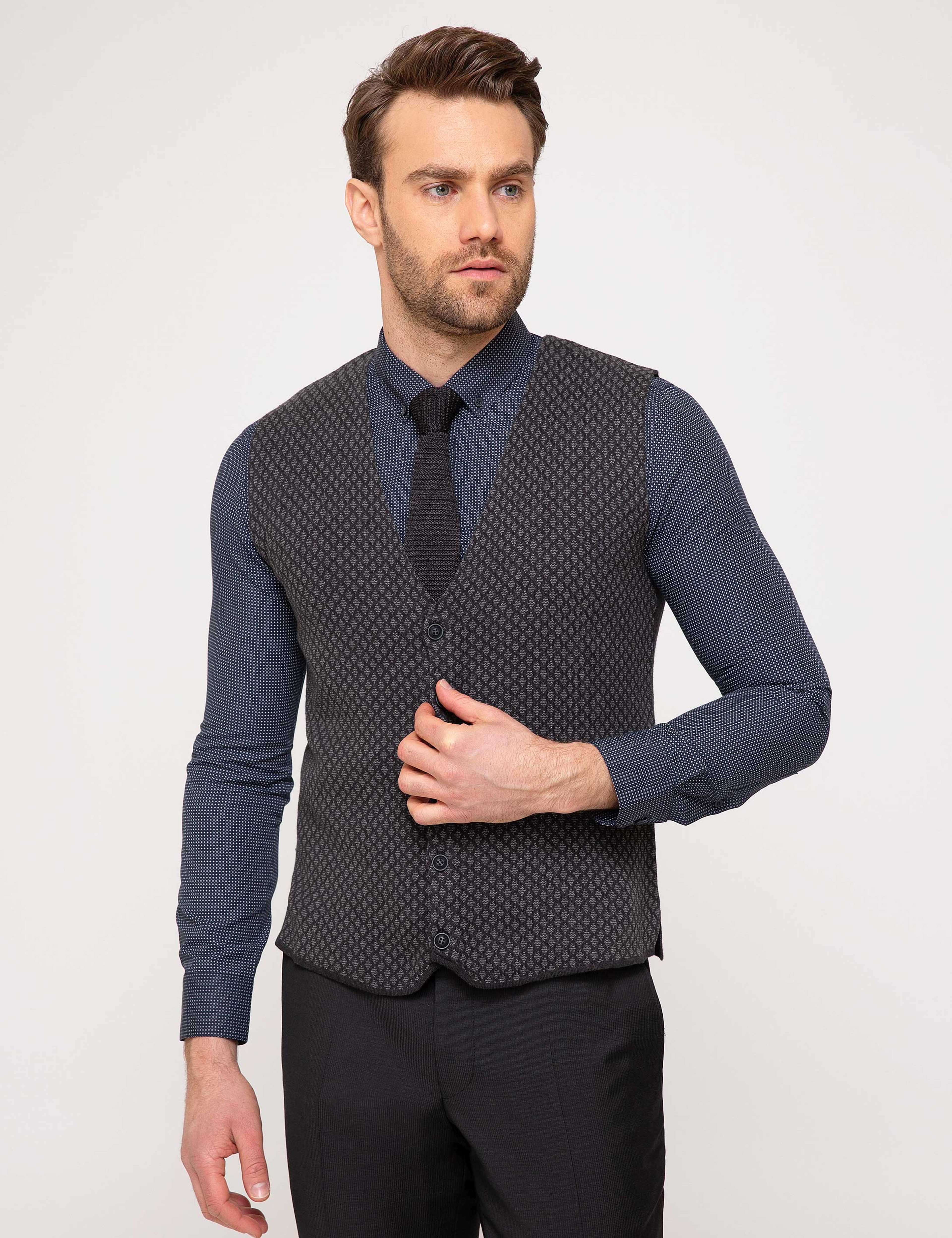 Antrasit Melanj Slim Fit Triko Yelek