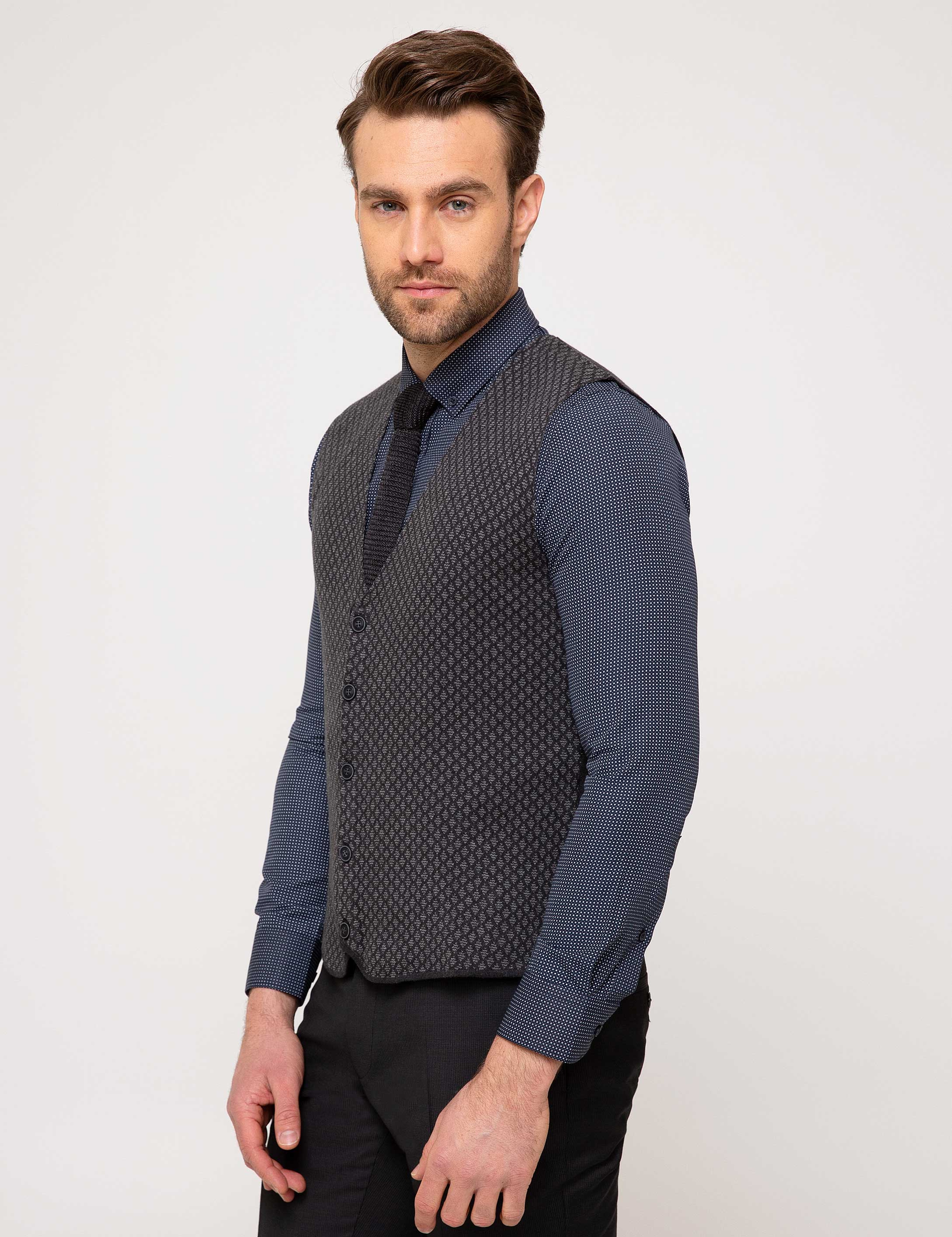 Antrasit Melanj Slim Fit Triko Yelek - Image 3