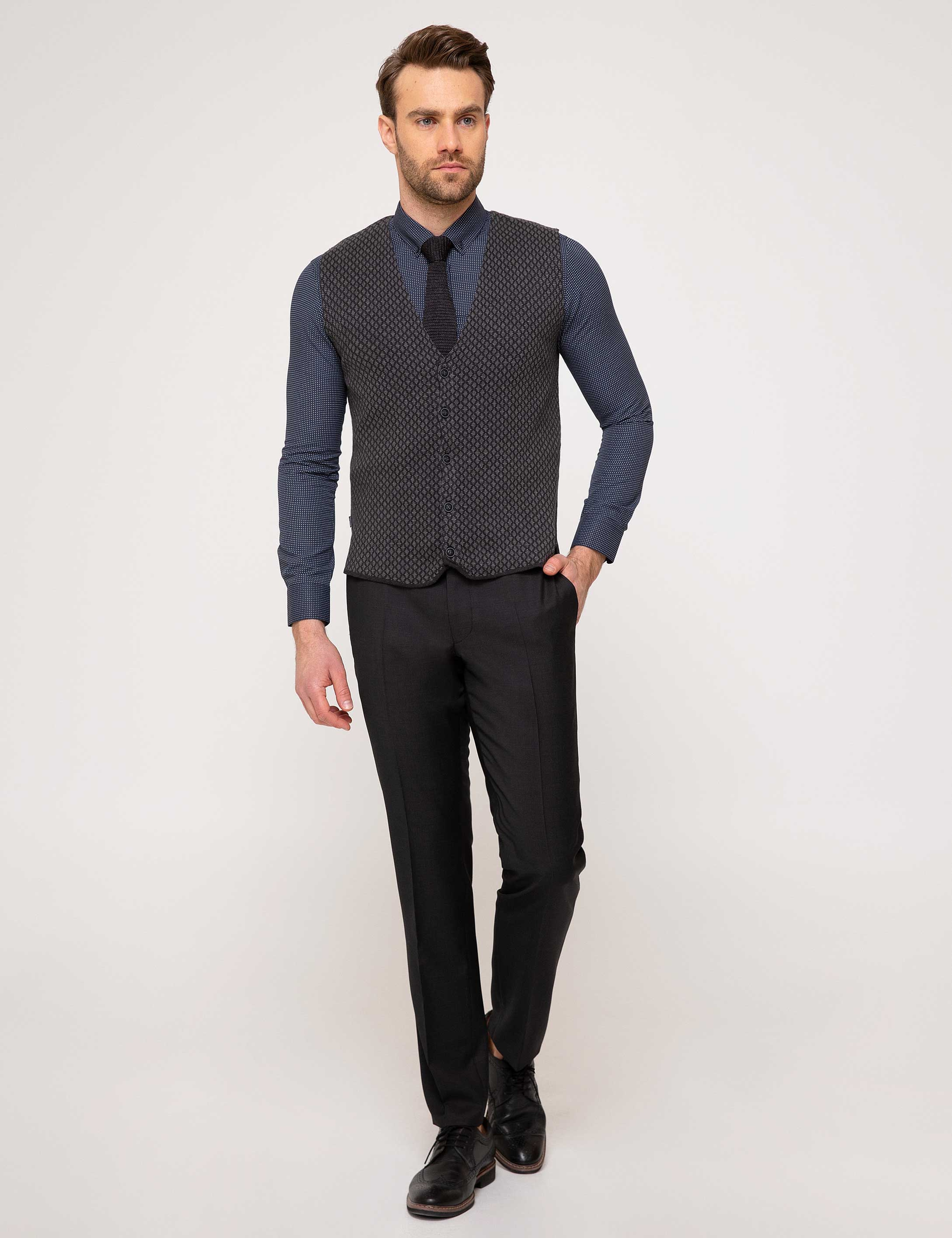 Antrasit Melanj Slim Fit Triko Yelek - Image 2