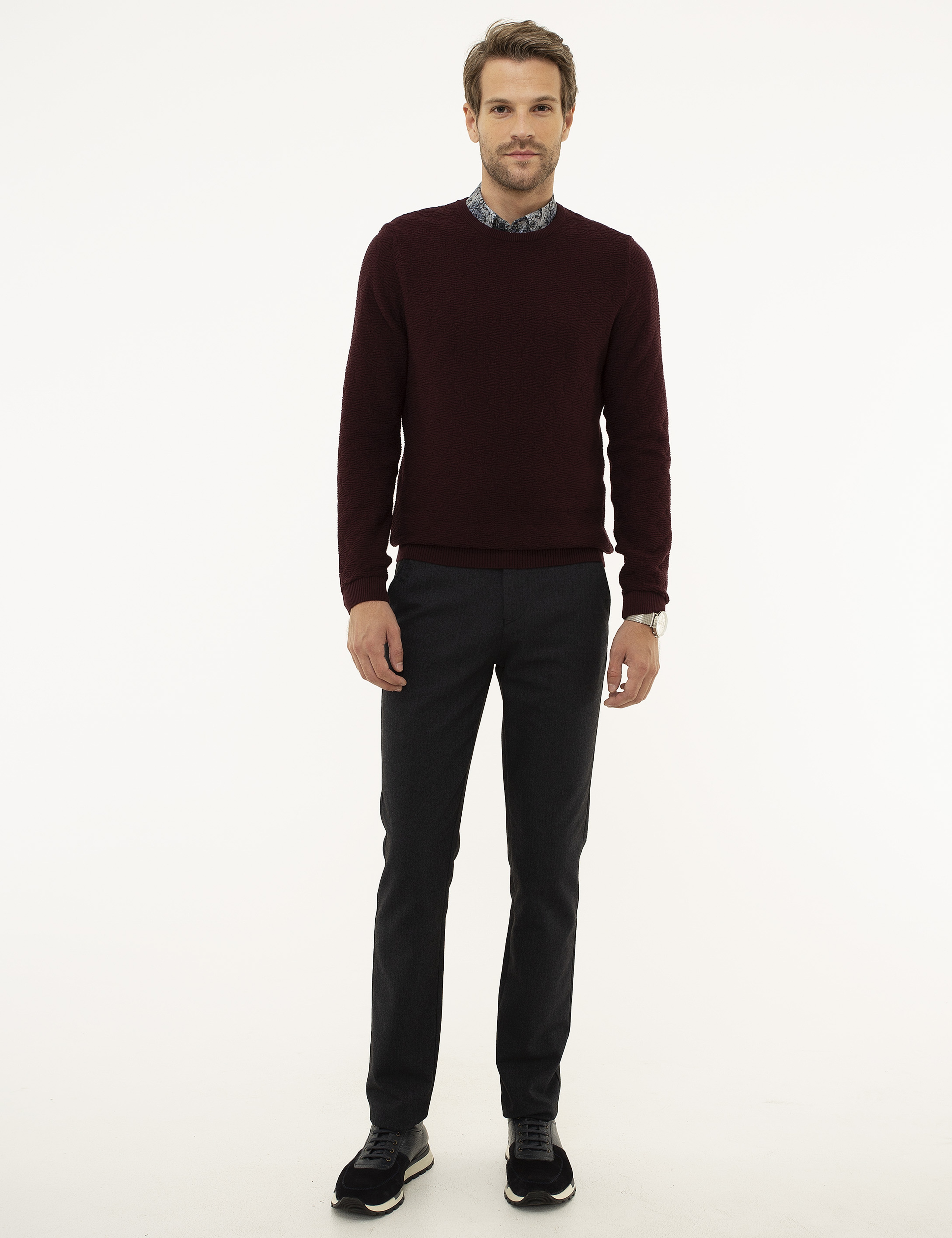 Bordo Slim Fit Bisiklet Yaka Triko Kazak