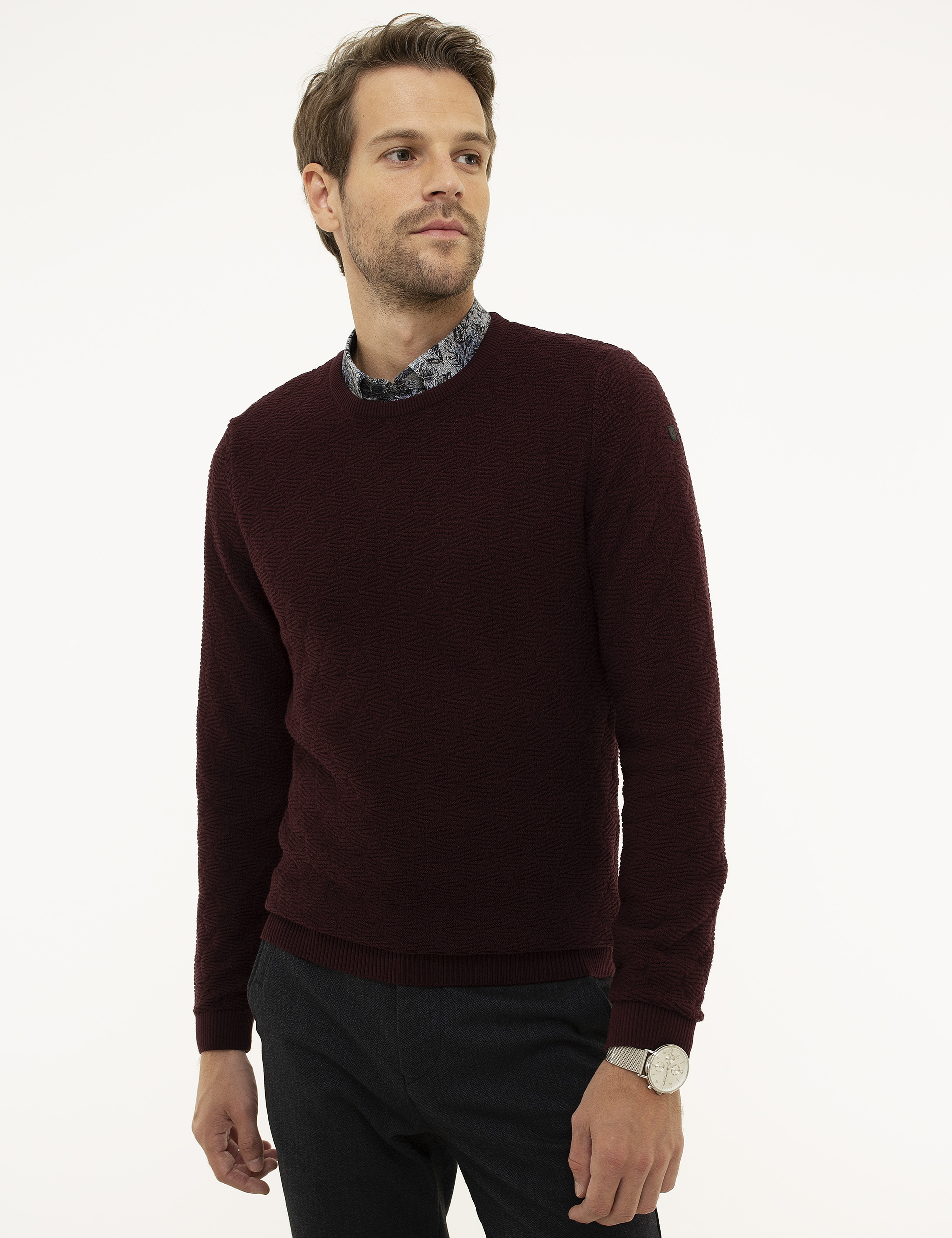 Bordo Slim Fit Bisiklet Yaka Triko Kazak