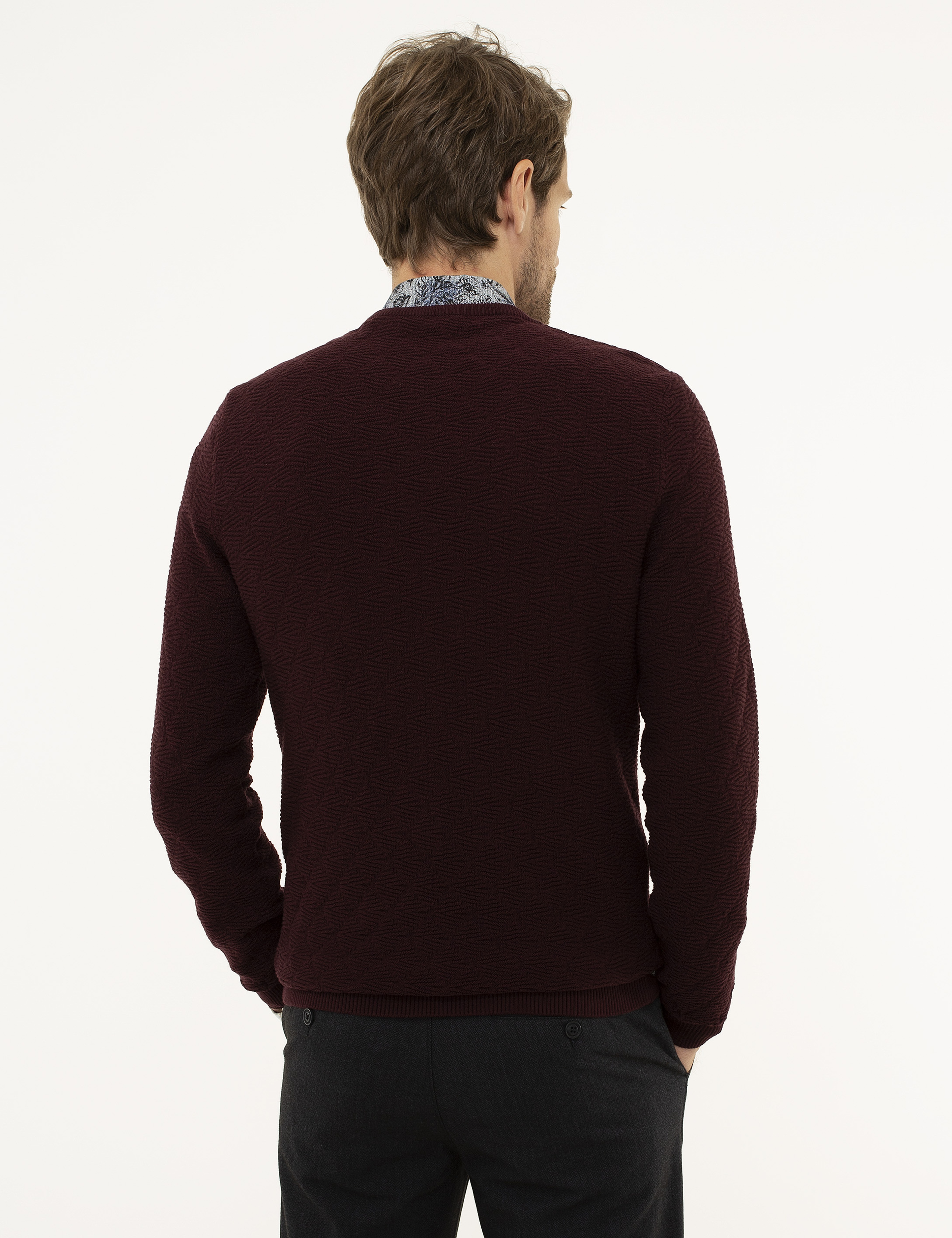 Bordo Slim Fit Bisiklet Yaka Triko Kazak - Image 4