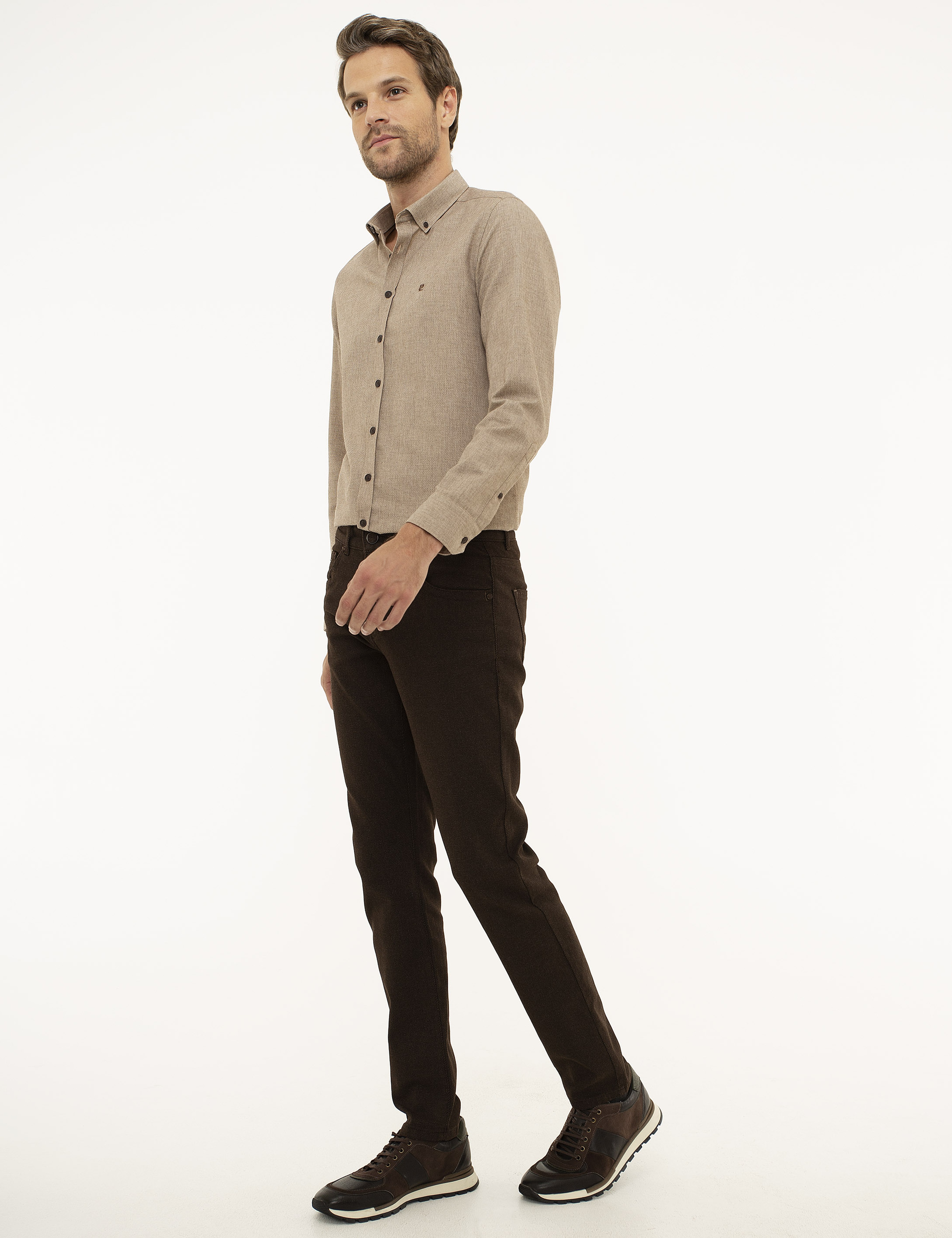 Kahverengi Slim Fit Kanvas Pantolon - Image 2