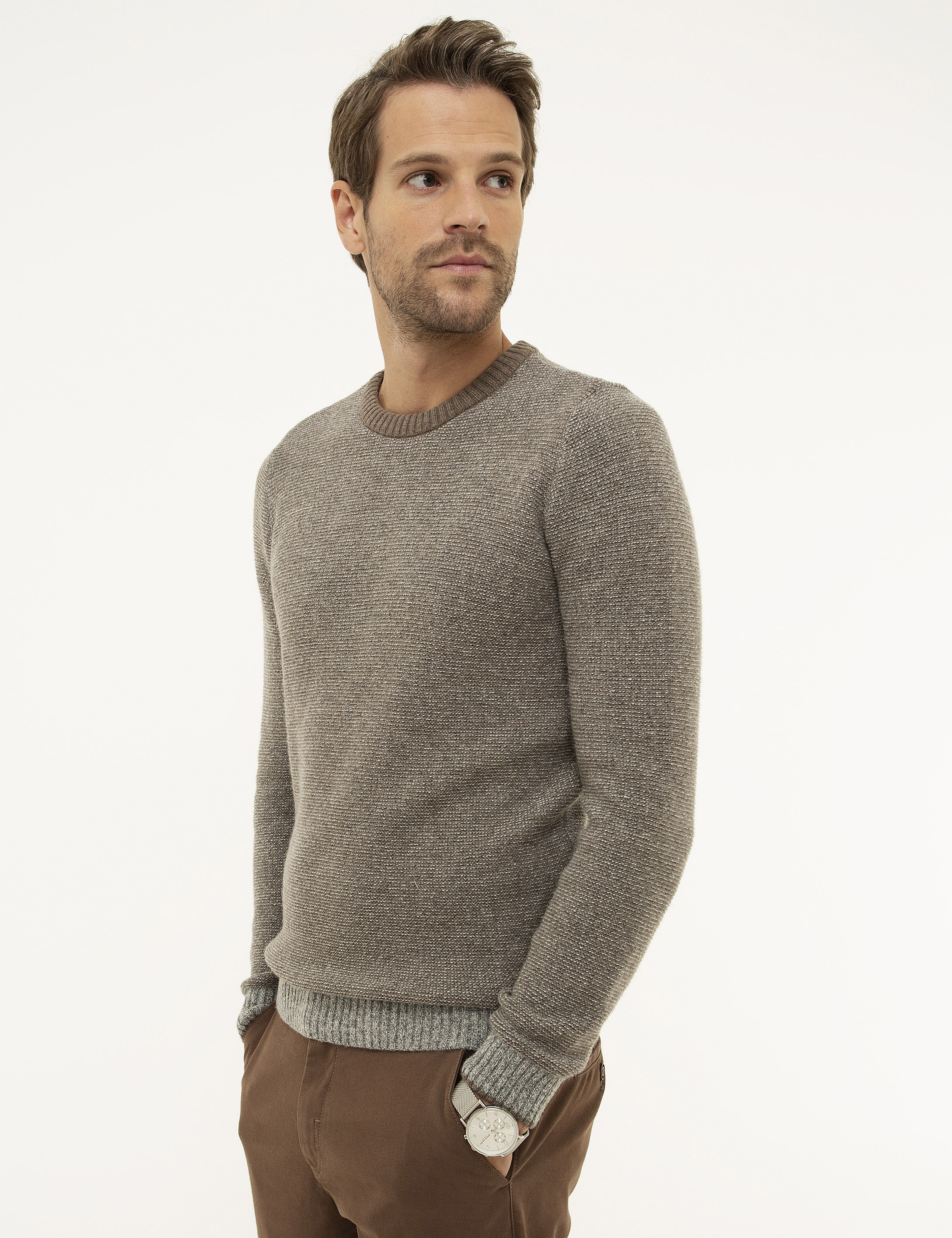 Açık Gri Slim Fit Yün Karışımlı Triko Kazak - Image 3