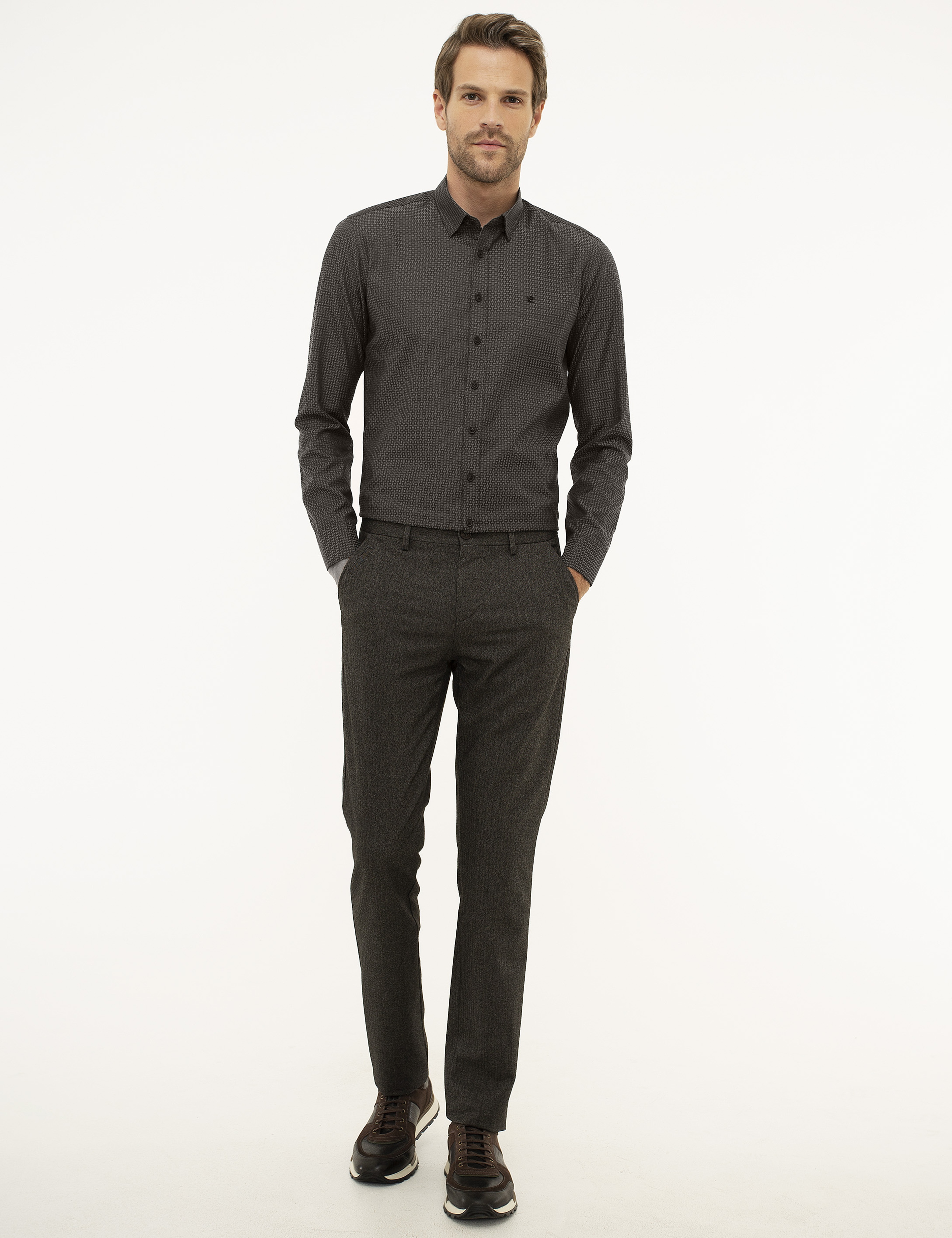 Kahverengi Slim Fit Kanvas Pantolon - Image 1