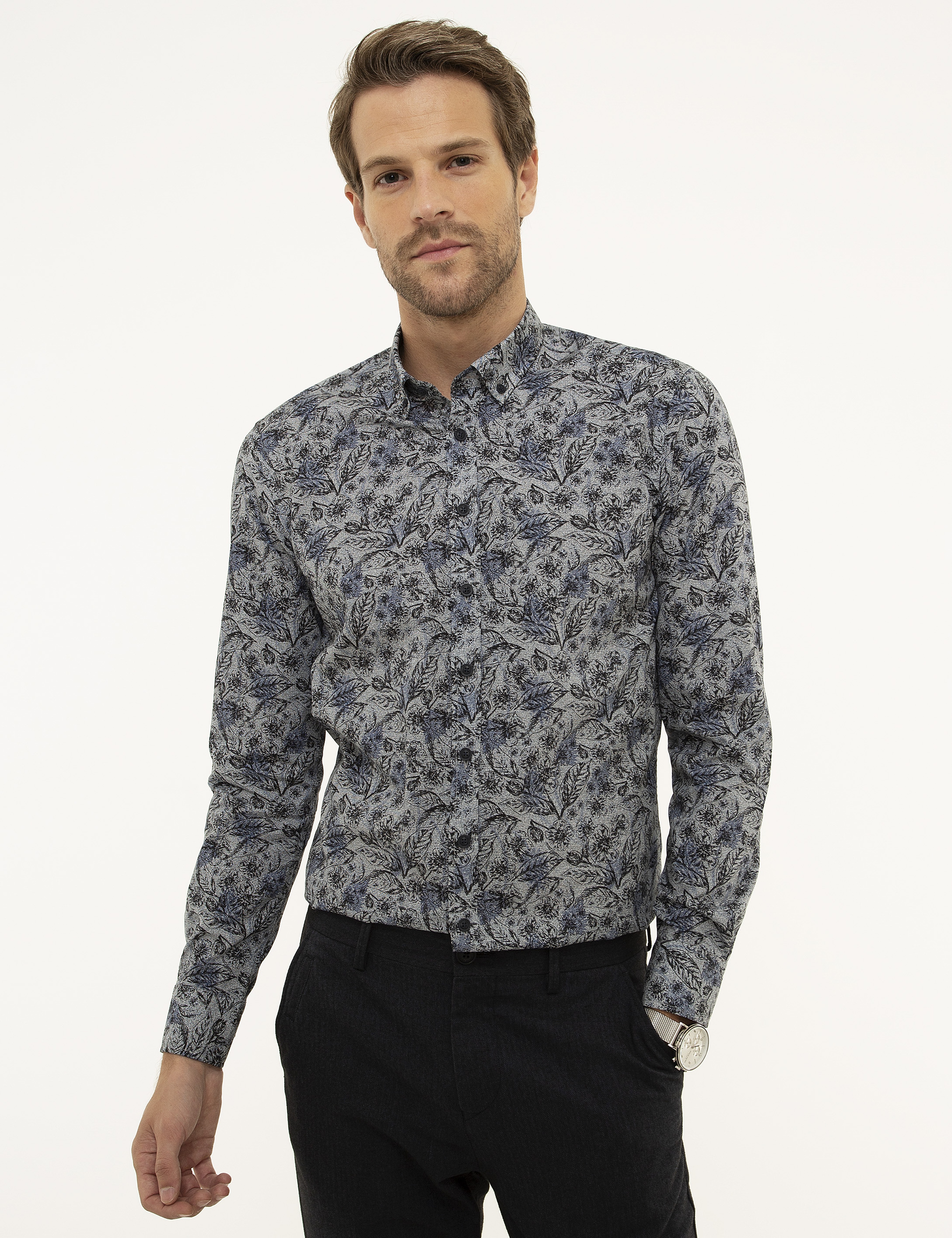 Lacivert Slim Fit Uzun Kollu Gömlek - Image 1