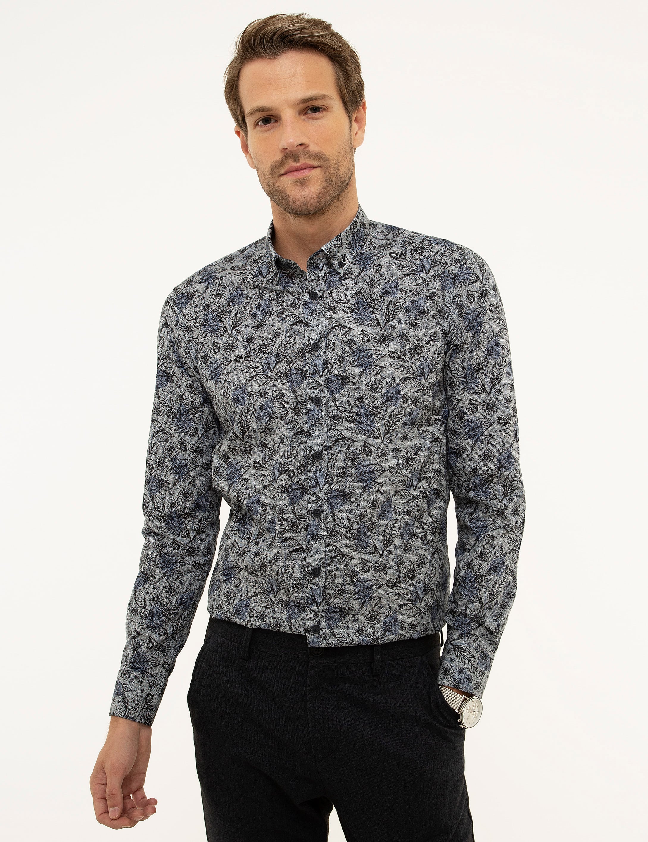 Lacivert Slim Fit Uzun Kollu Gömlek