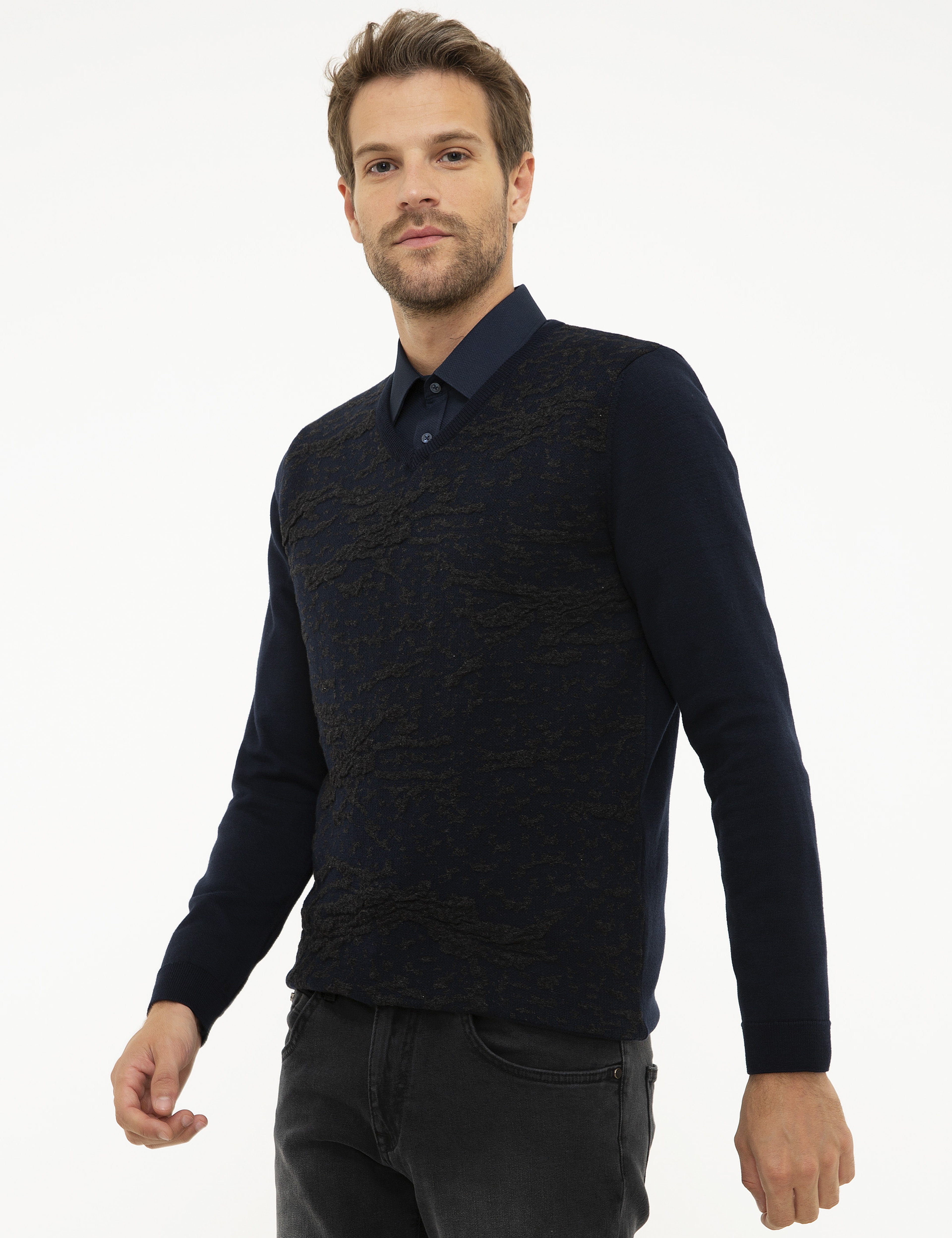Koyu Lacivert Slim Fit Kazak - Image 3