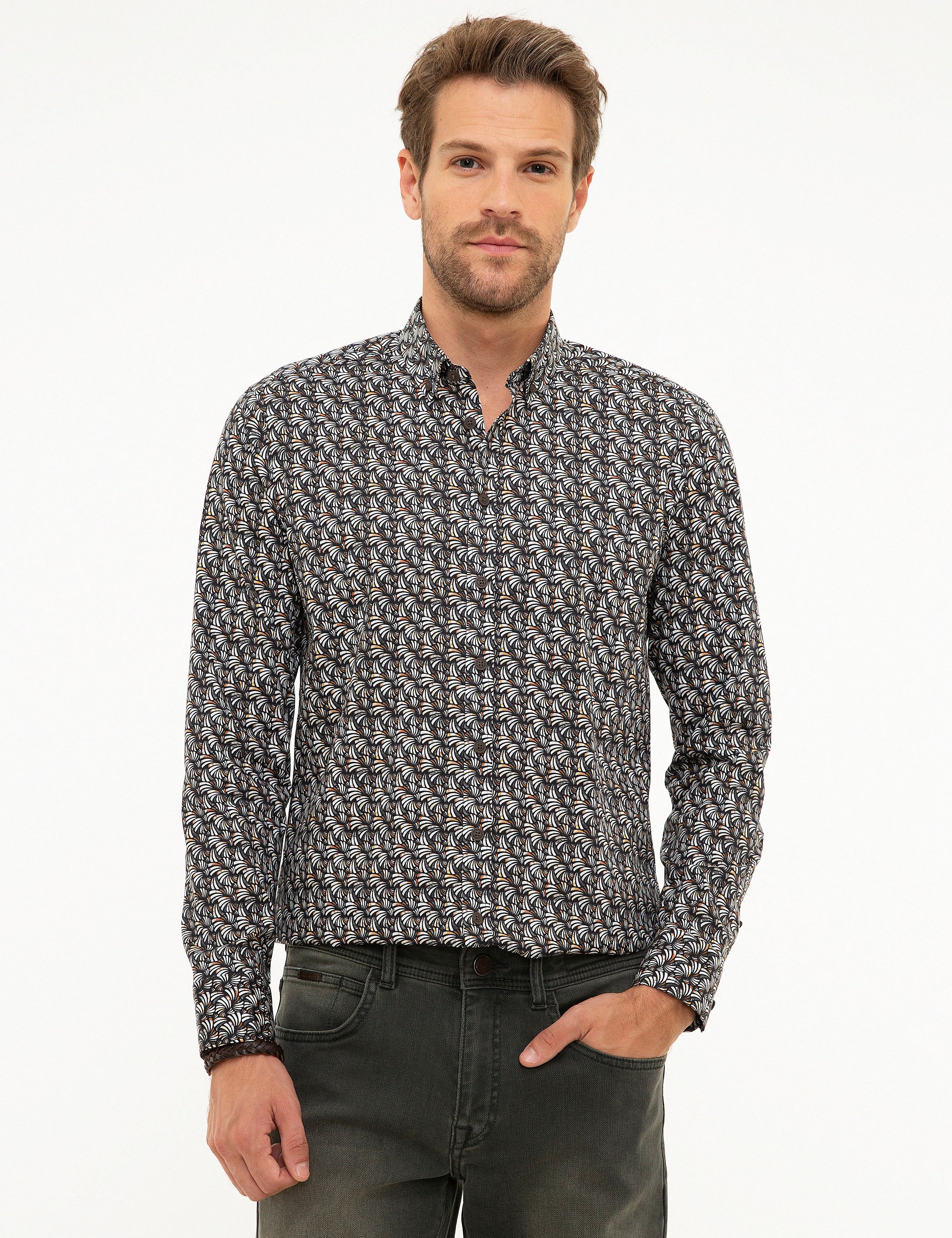 Kahverengi Slim Fit Uzun Kollu Gömlek