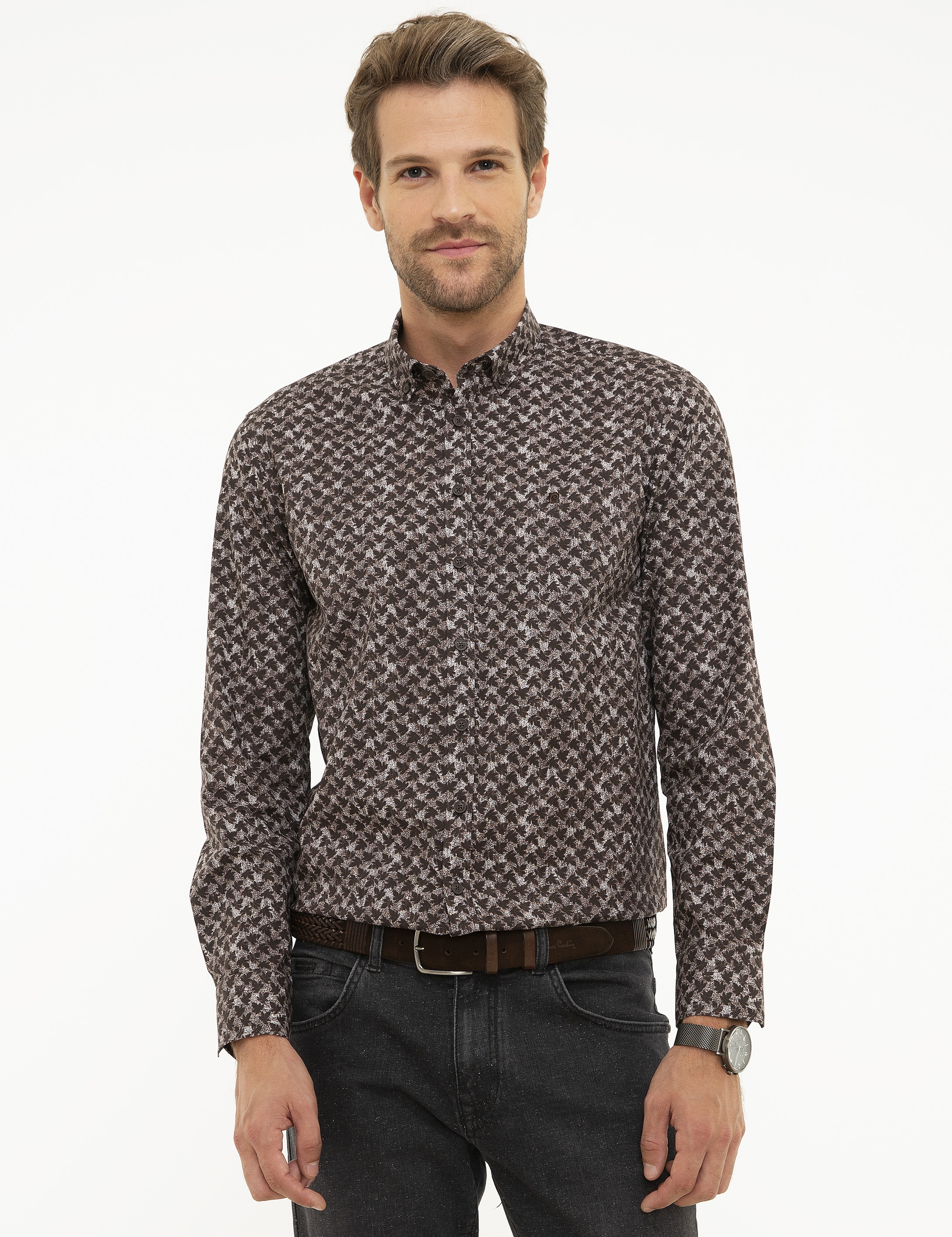 Kahverengi Slim Fit Uzun Kollu Gömlek - Image 1
