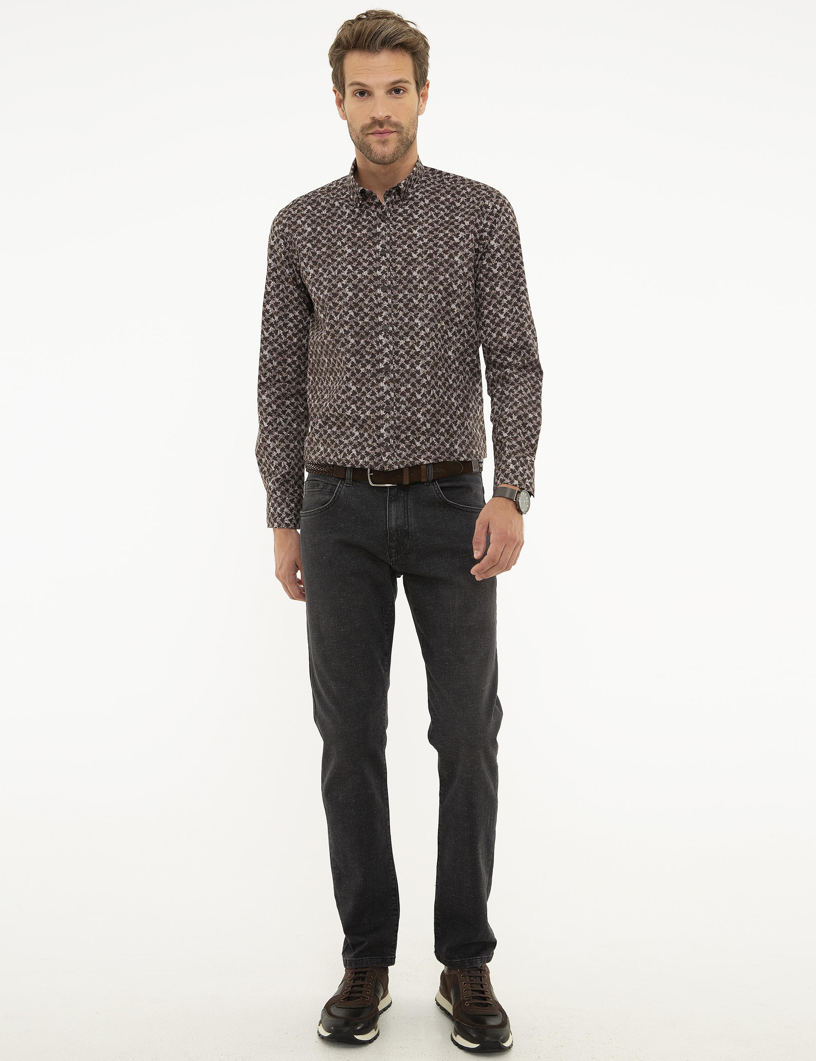 Kahverengi Slim Fit Uzun Kollu Gömlek