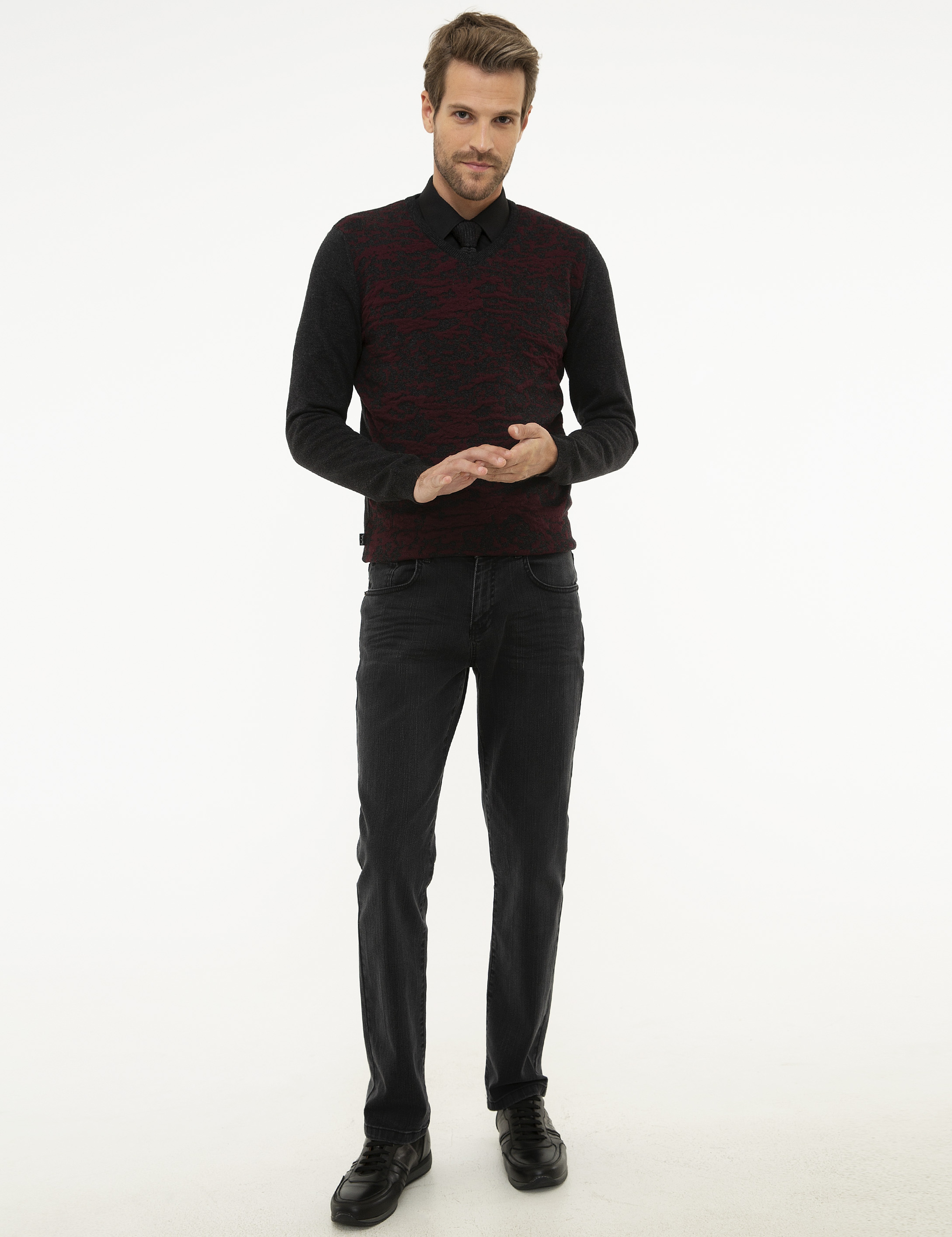Antrasit Melanj Slim Fit V Yaka Triko Kazak - Image 5