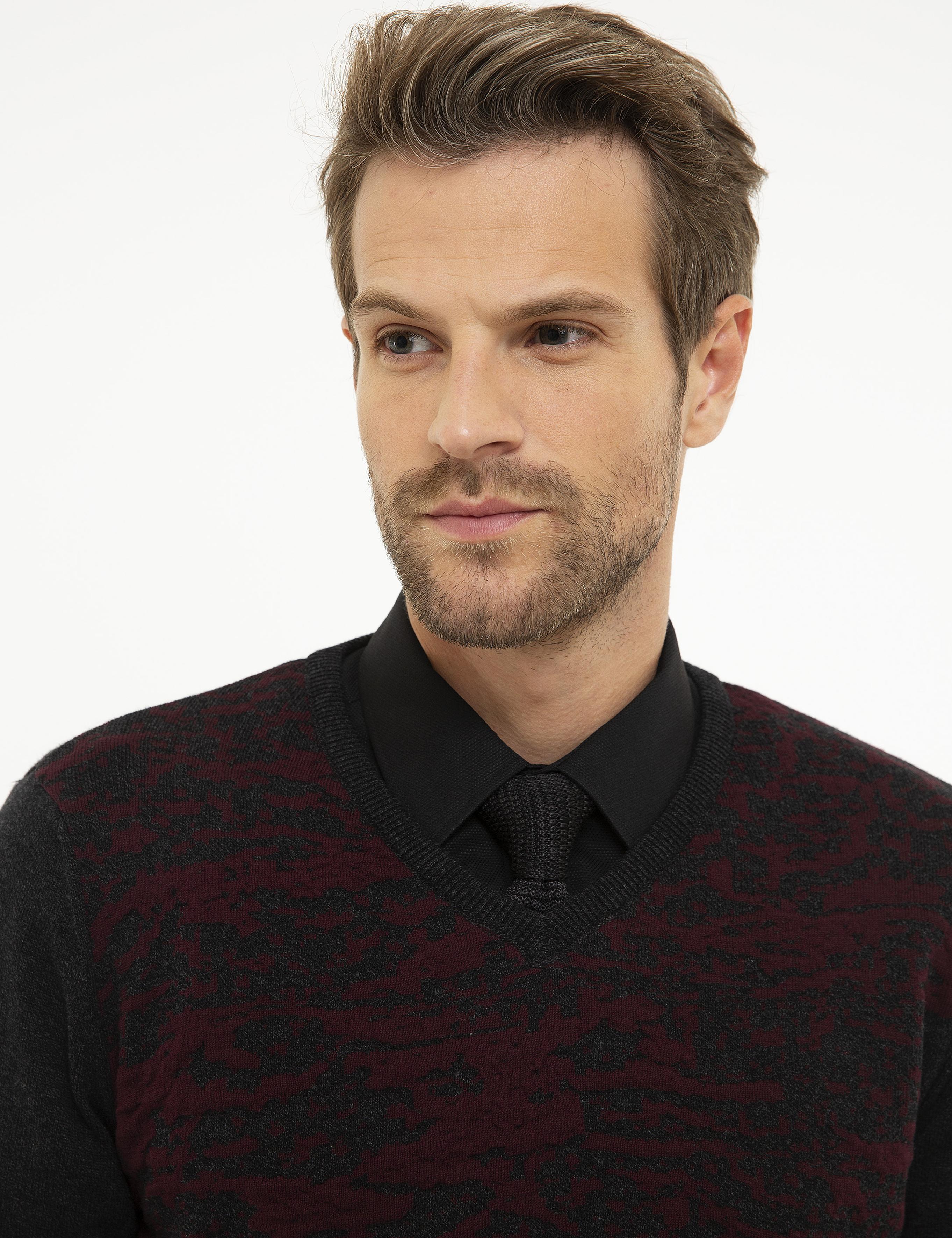 Antrasit Melanj Slim Fit V Yaka Triko Kazak