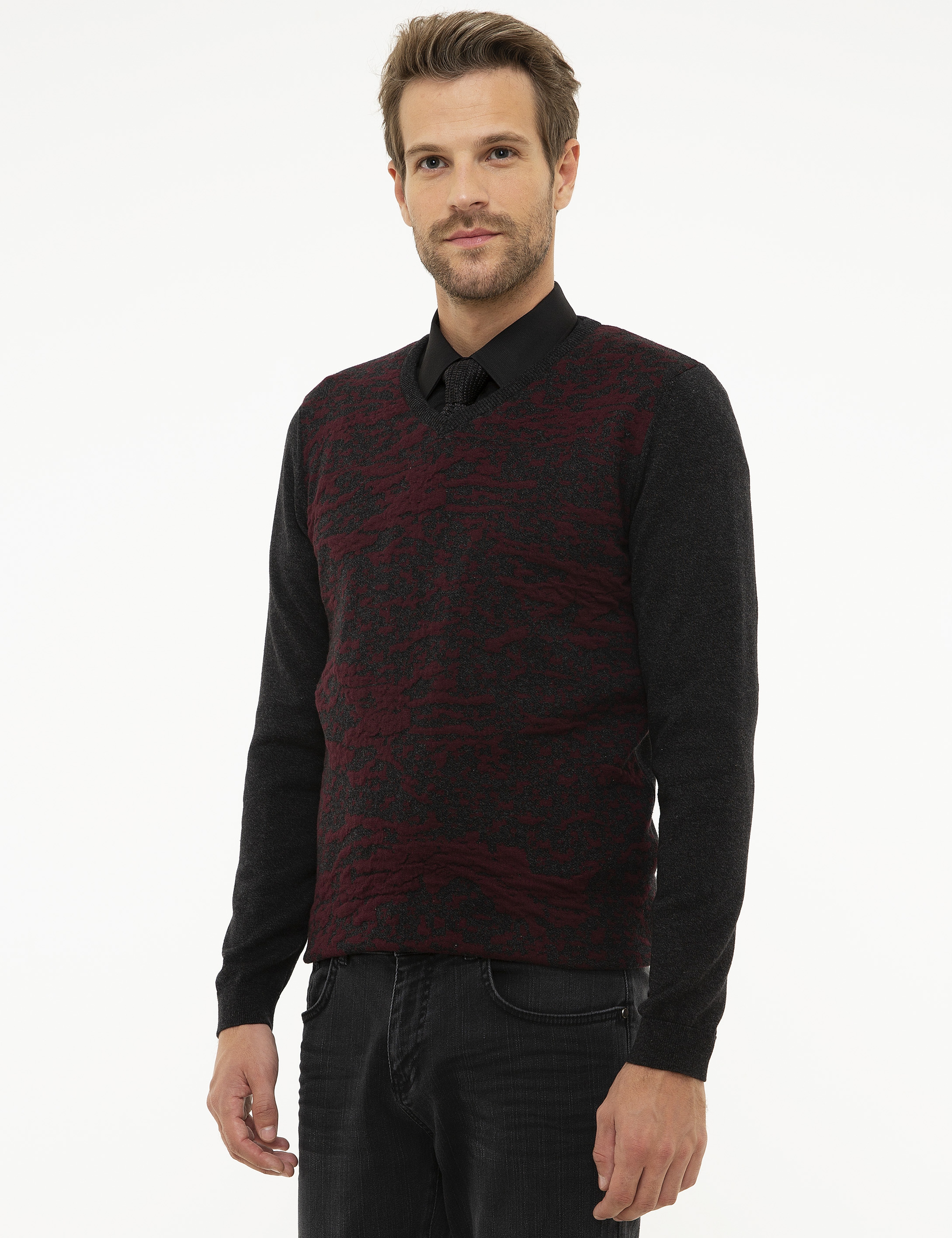 Antrasit Melanj Slim Fit V Yaka Triko Kazak - Image 3