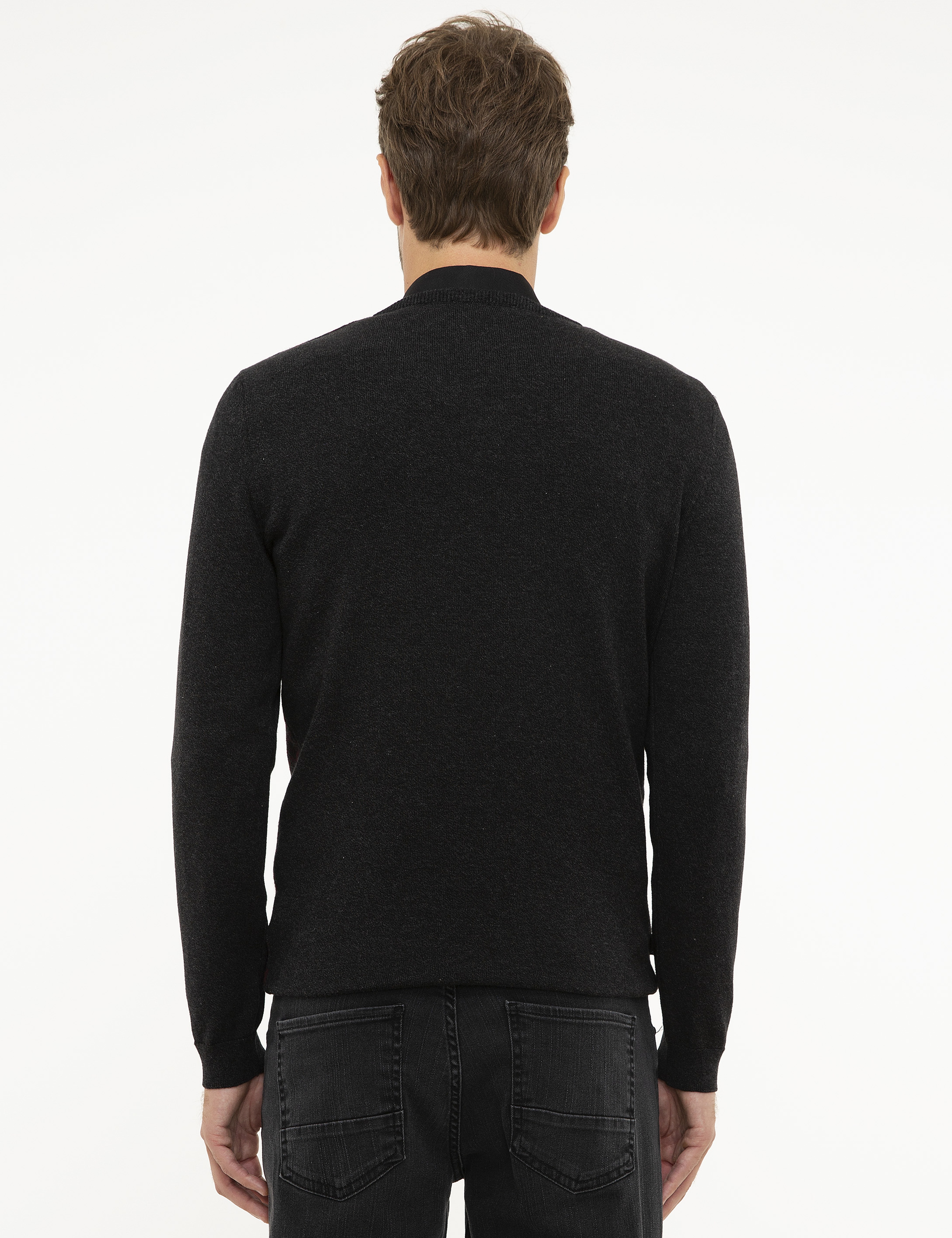 Antrasit Melanj Slim Fit V Yaka Triko Kazak - Image 4