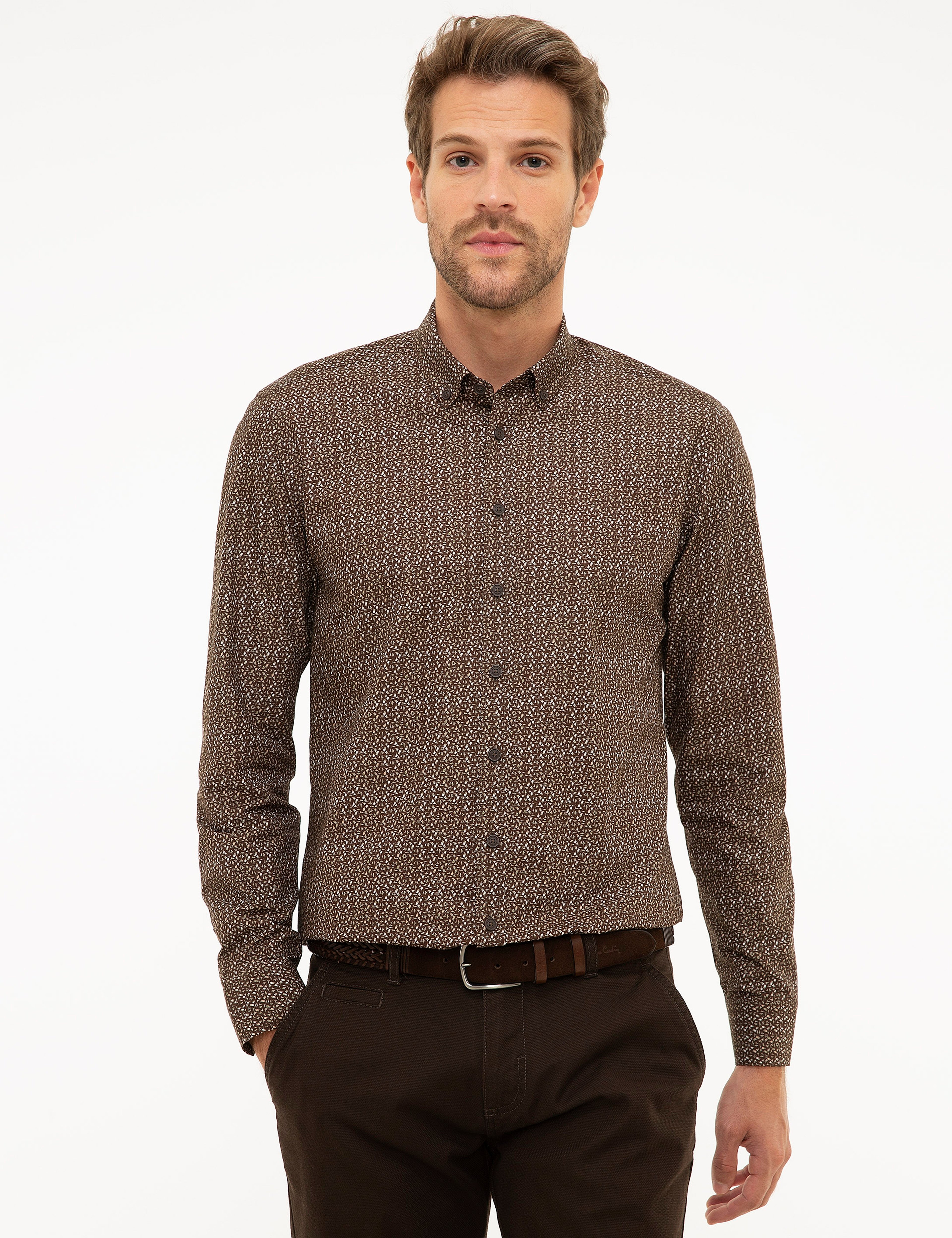 Kahverengi Slim Fit Uzun Kollu Gömlek - Image 1