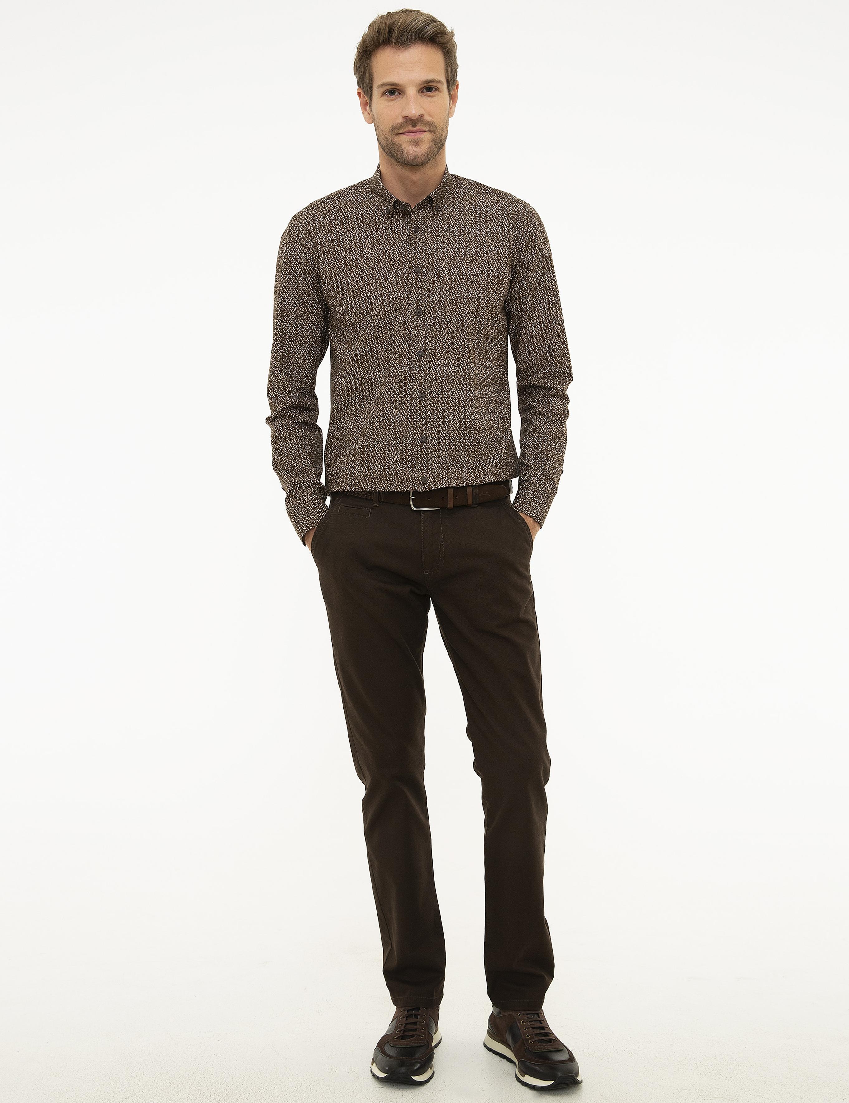 Kahverengi Slim Fit Uzun Kollu Gömlek