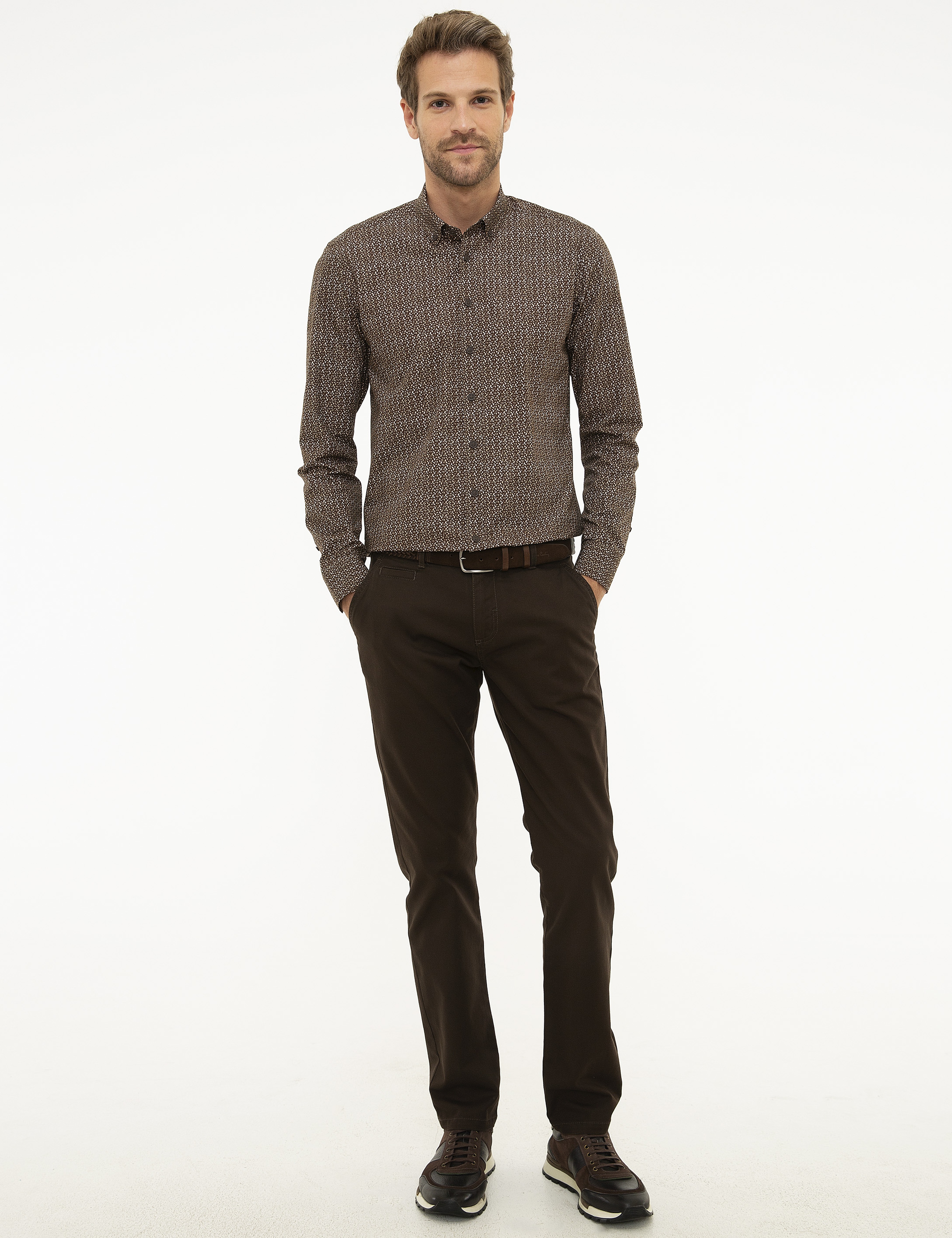 Kahverengi Slim Fit Uzun Kollu Gömlek