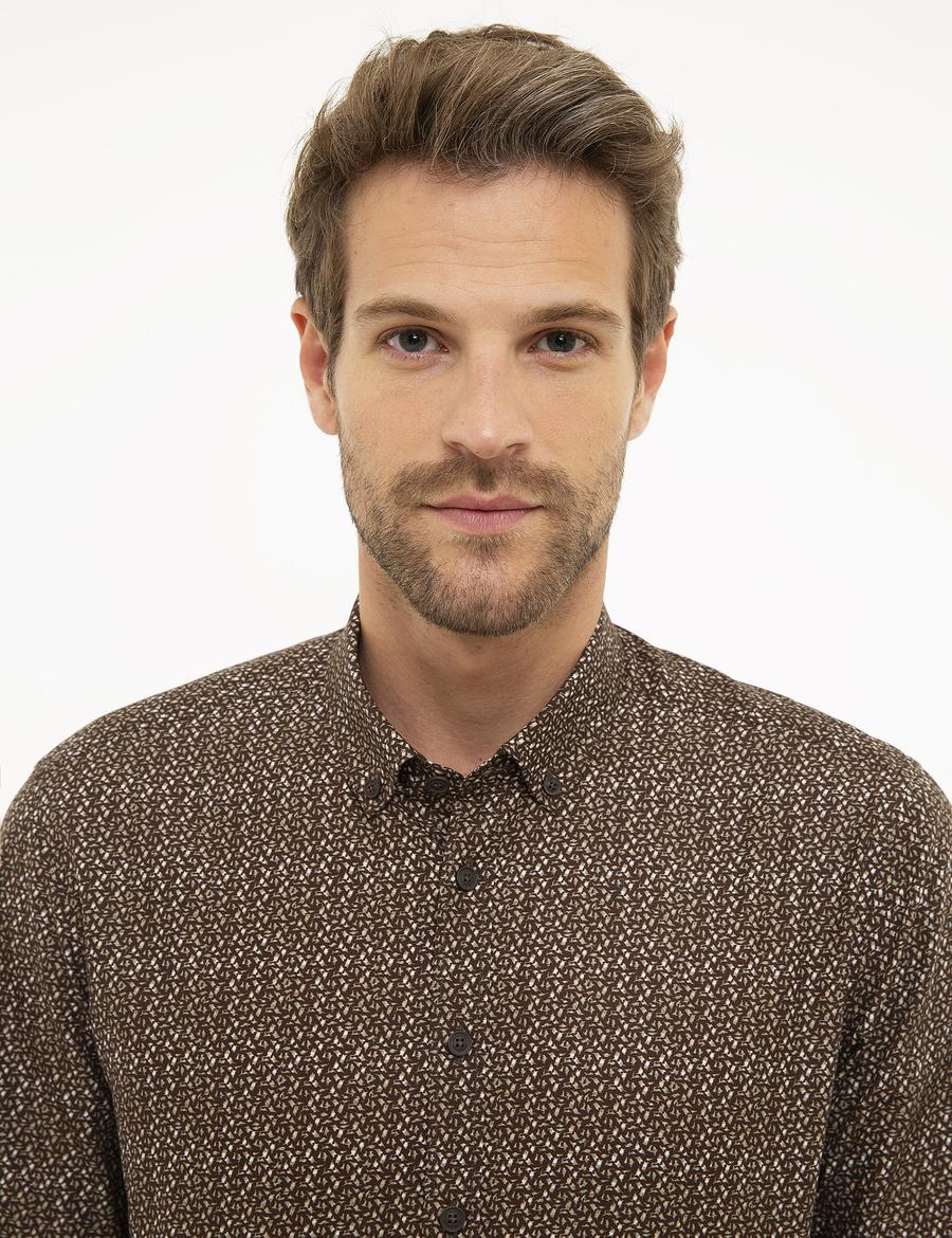 Kahverengi Slim Fit Uzun Kollu Gömlek