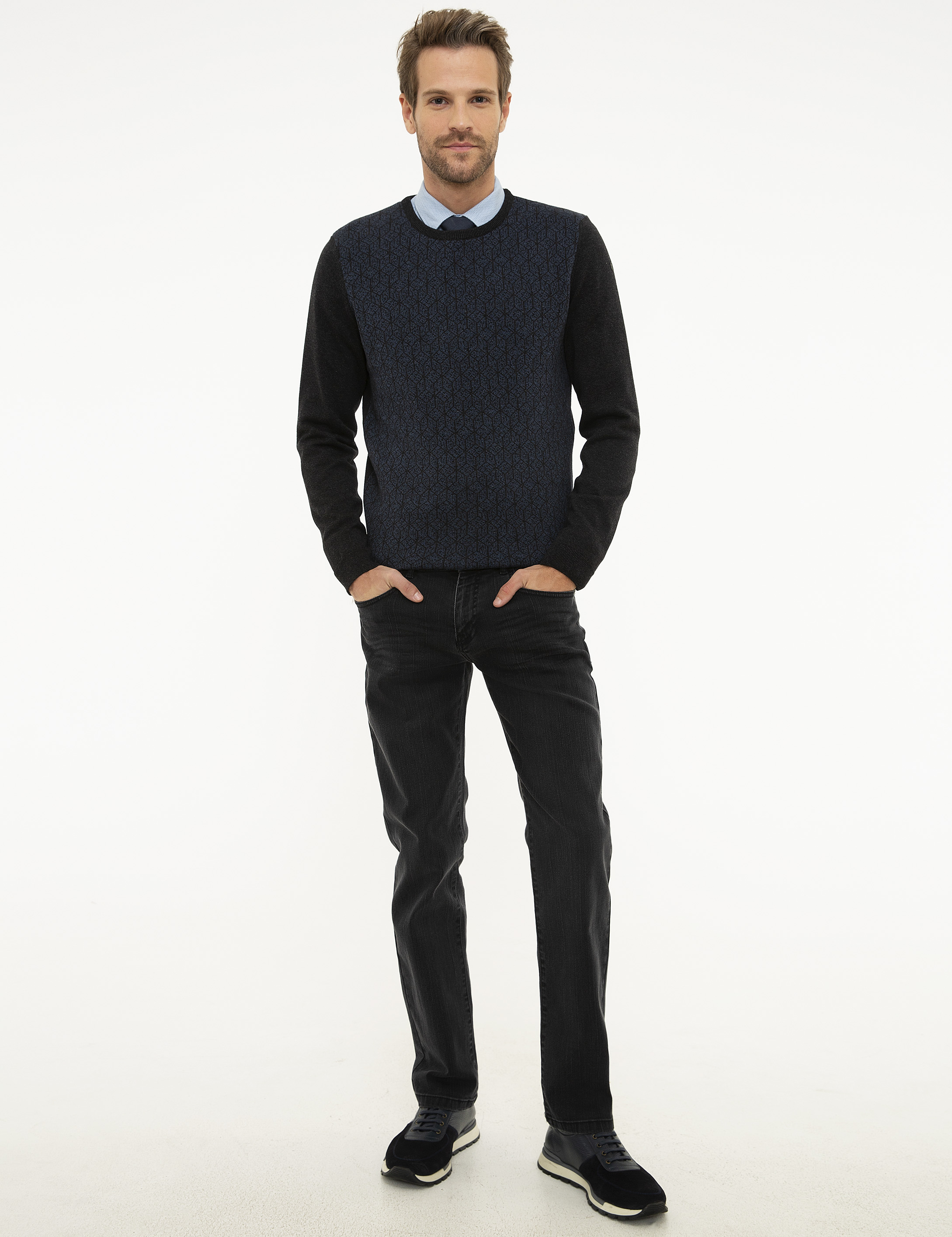 Antrasit Melanj Slim Fit Bisiklet Yaka Triko Kazak