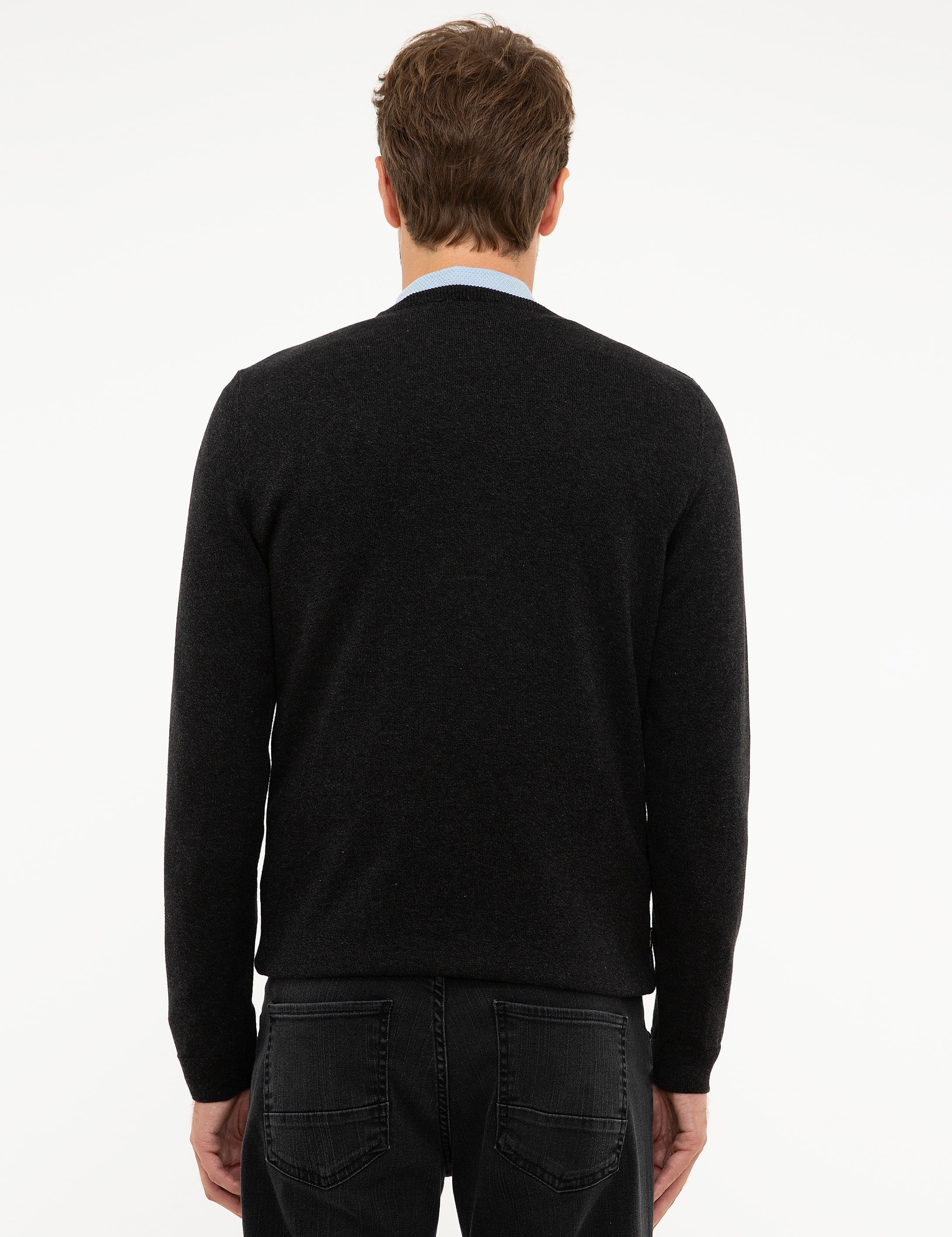 Antrasit Melanj Slim Fit Bisiklet Yaka Triko Kazak - Image 4
