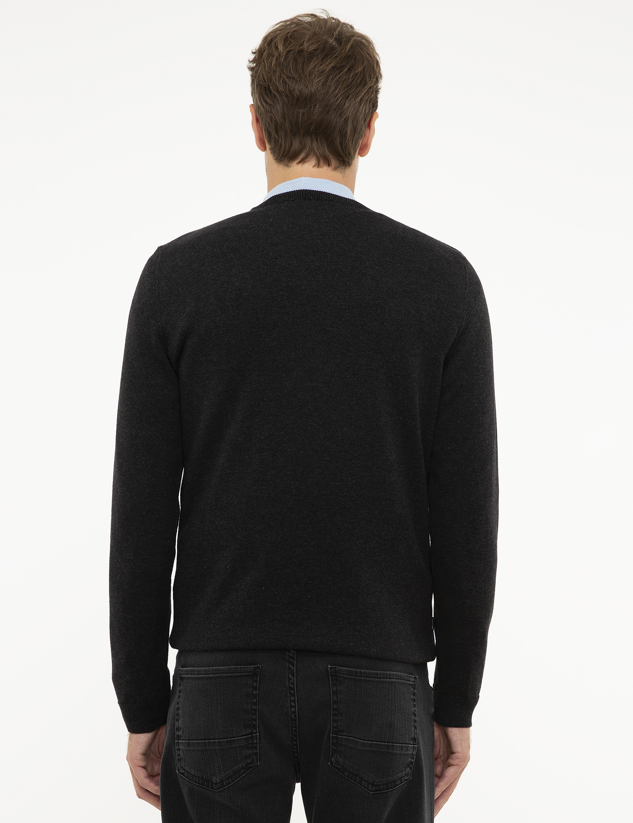 Antrasit Melanj Slim Fit Bisiklet Yaka Triko Kazak