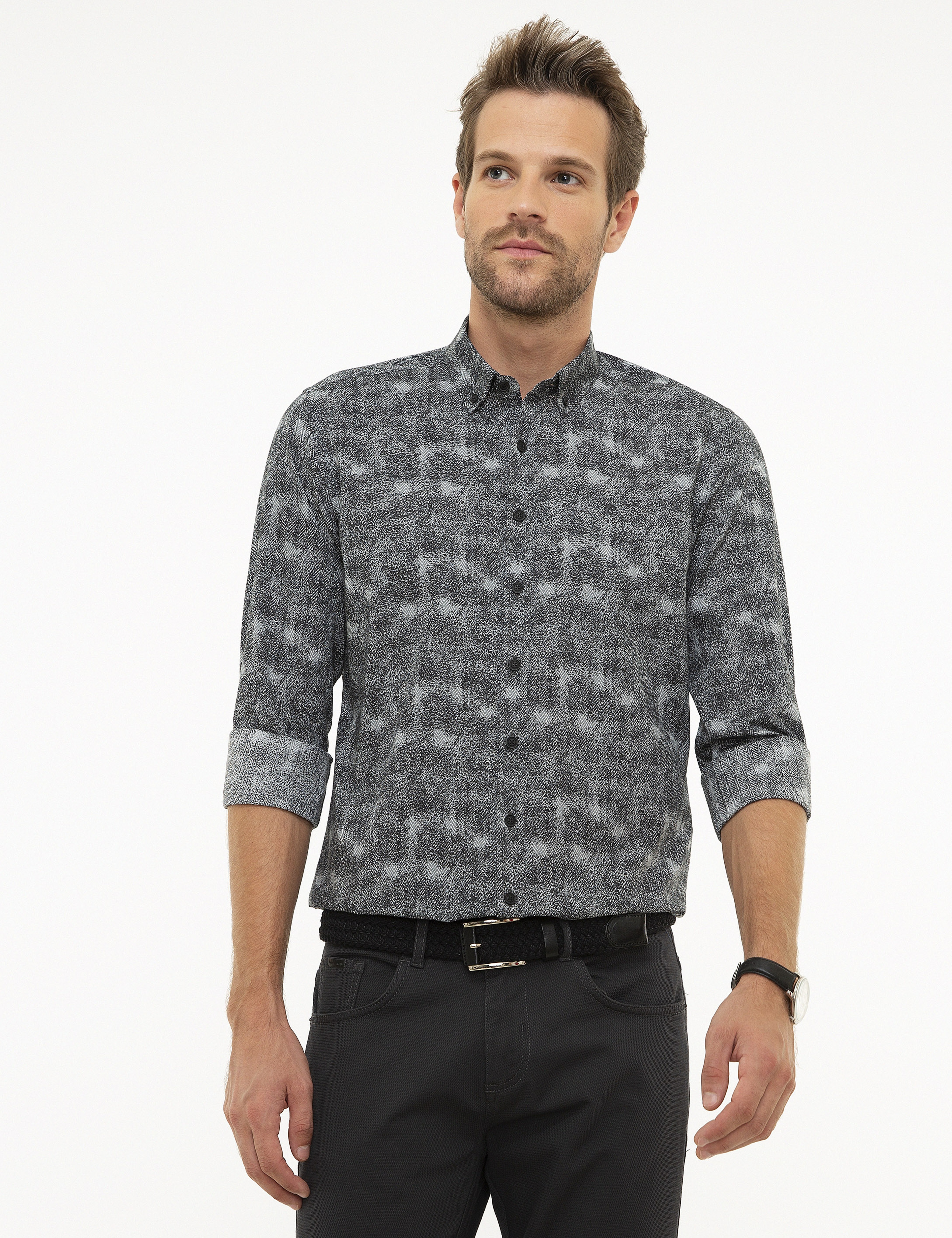 Siyah Slim Fit Uzun Kollu Gömlek - Image 1