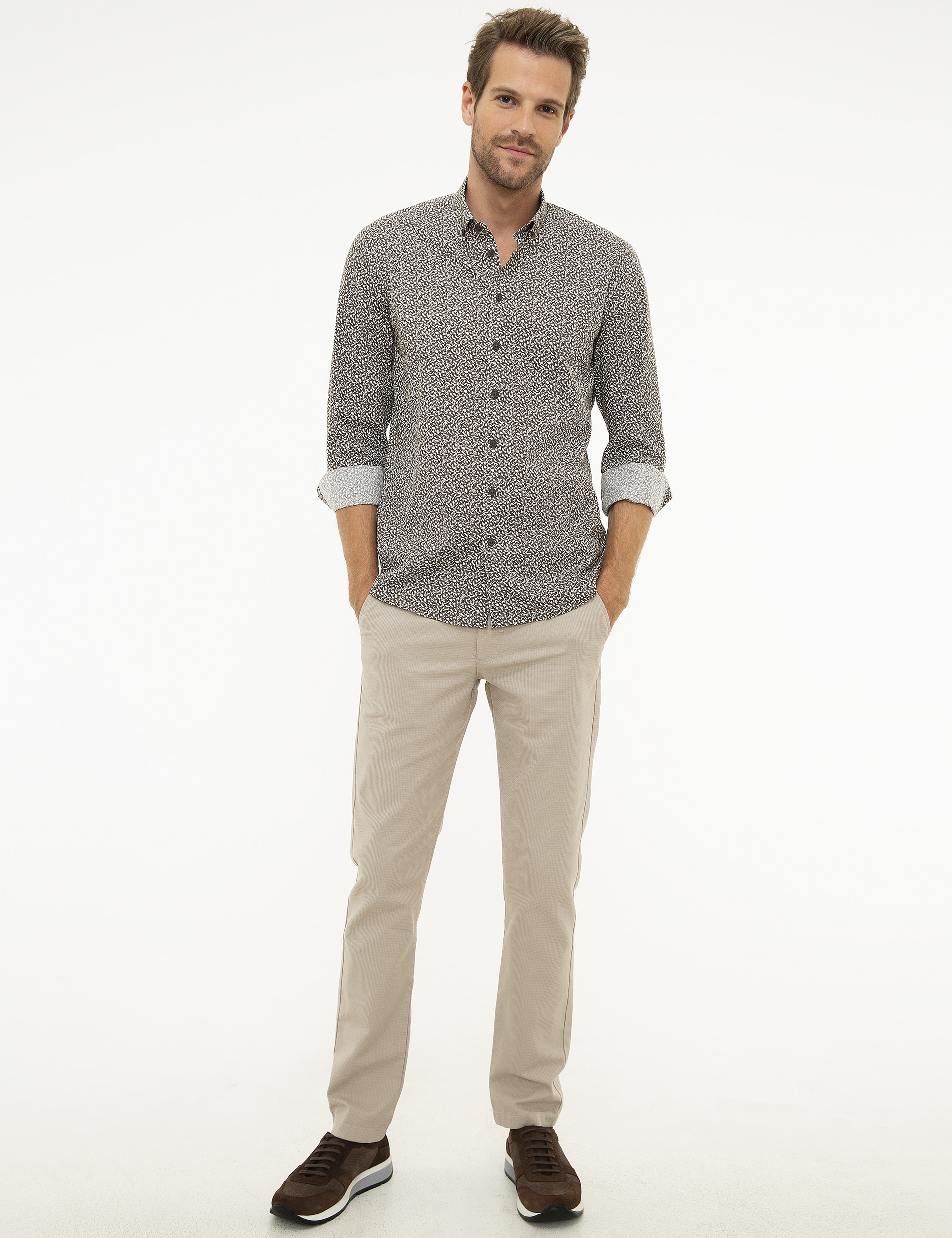 Kahverengi Slim Fit Uzun Kollu Gömlek