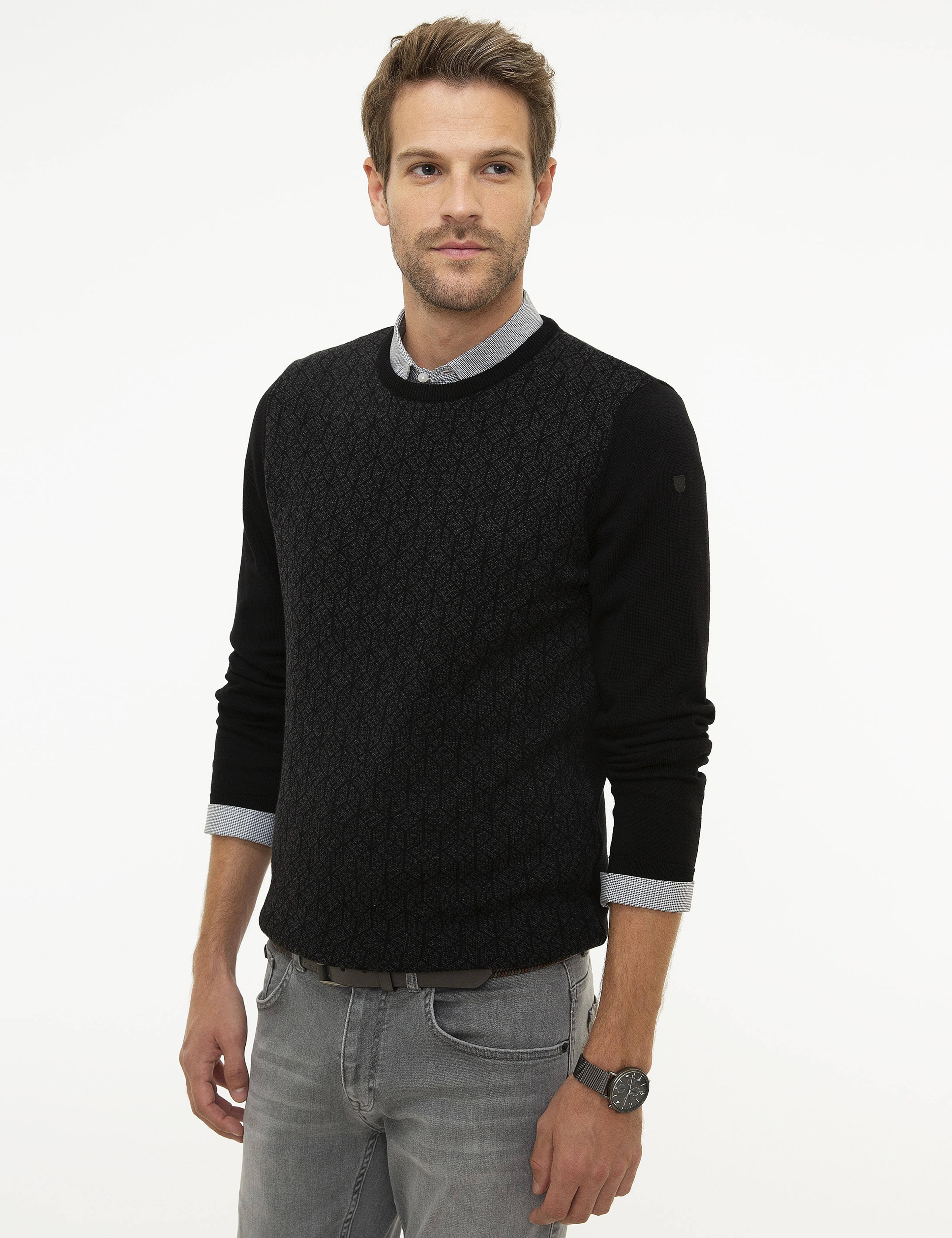 Siyah Slim Fit Bisiklet Yaka Triko Kazak