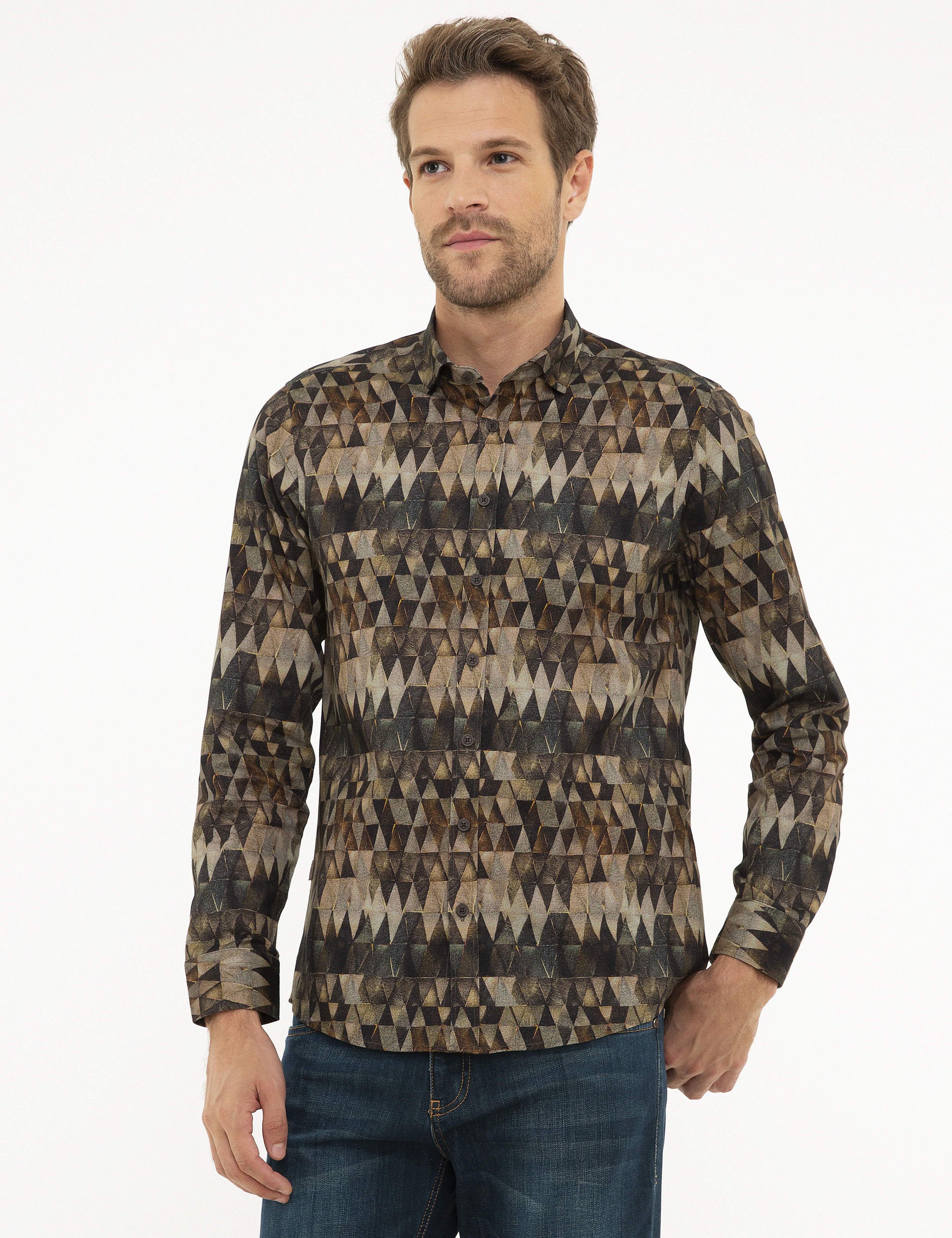 Gri Slim Fit Uzun Kollu Gömlek - Image 1
