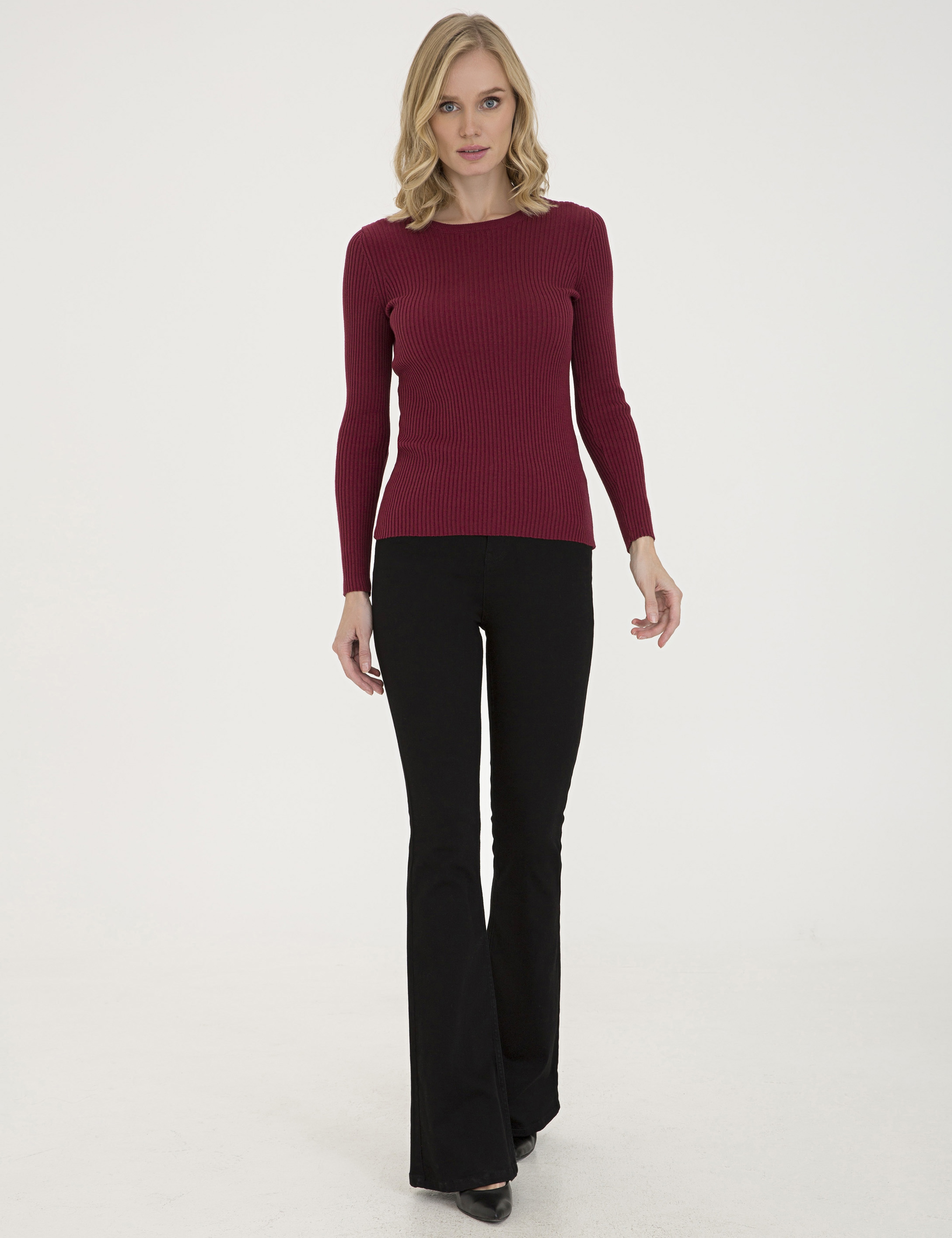 Bordo Slim Fit Bisiklet Yaka Triko Kazak - Image 5