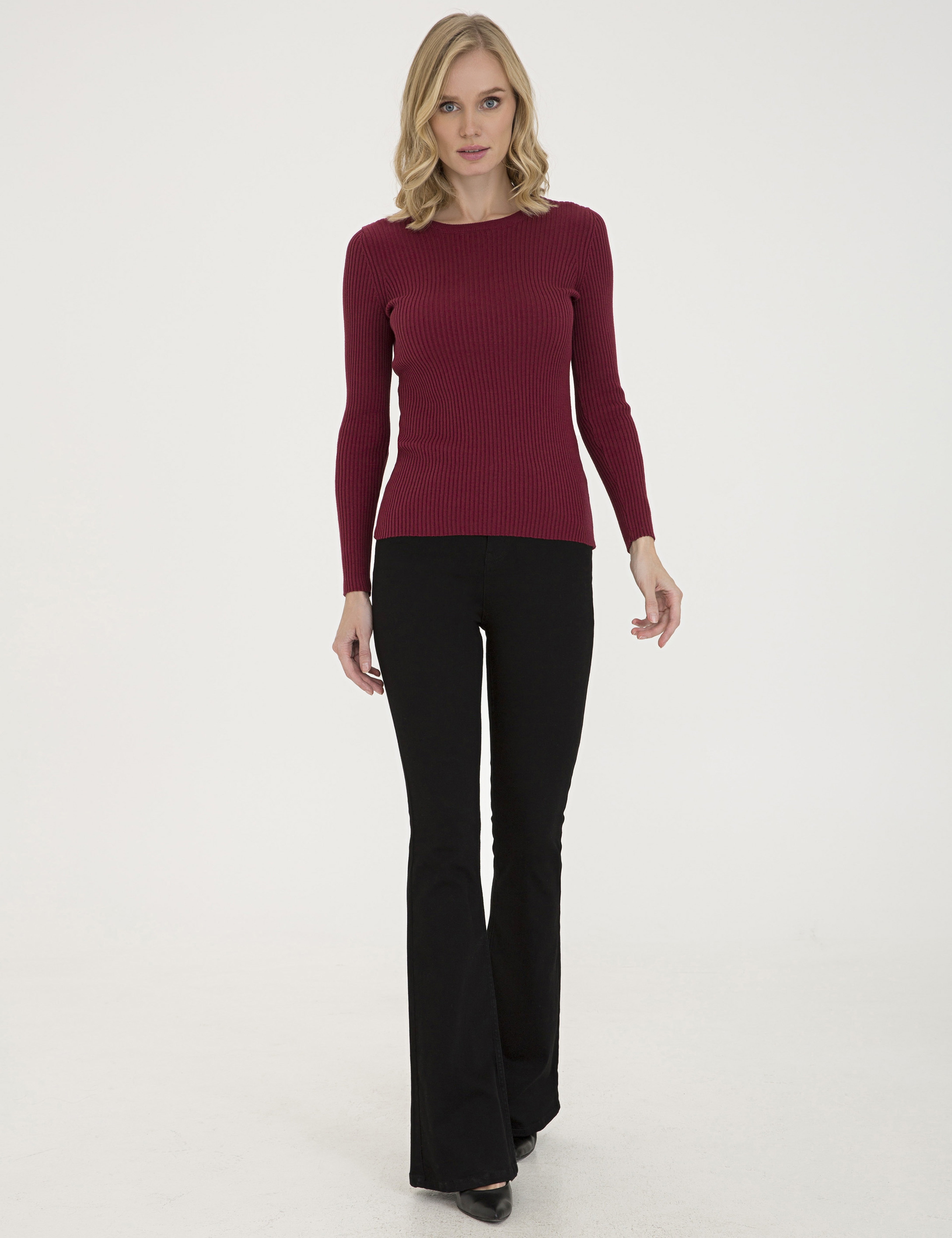 Bordo Slim Fit Bisiklet Yaka Triko Kazak