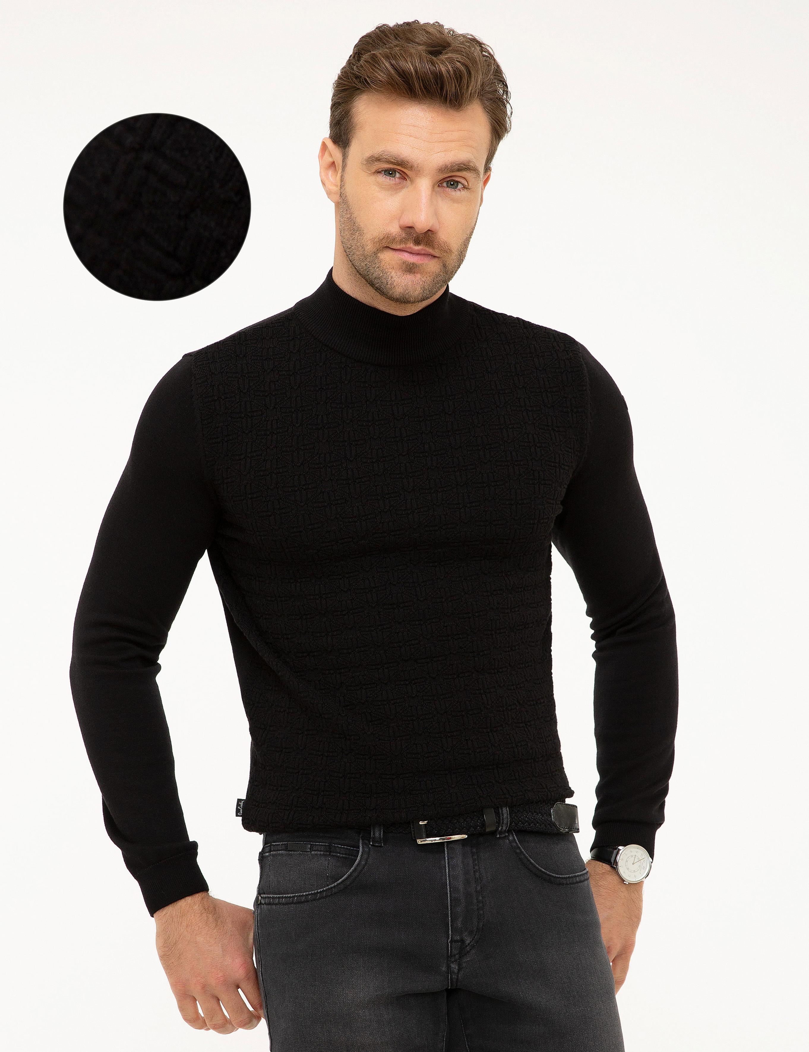 Siyah Slim Fit Yarım Balıkçı Yaka Triko Kazak