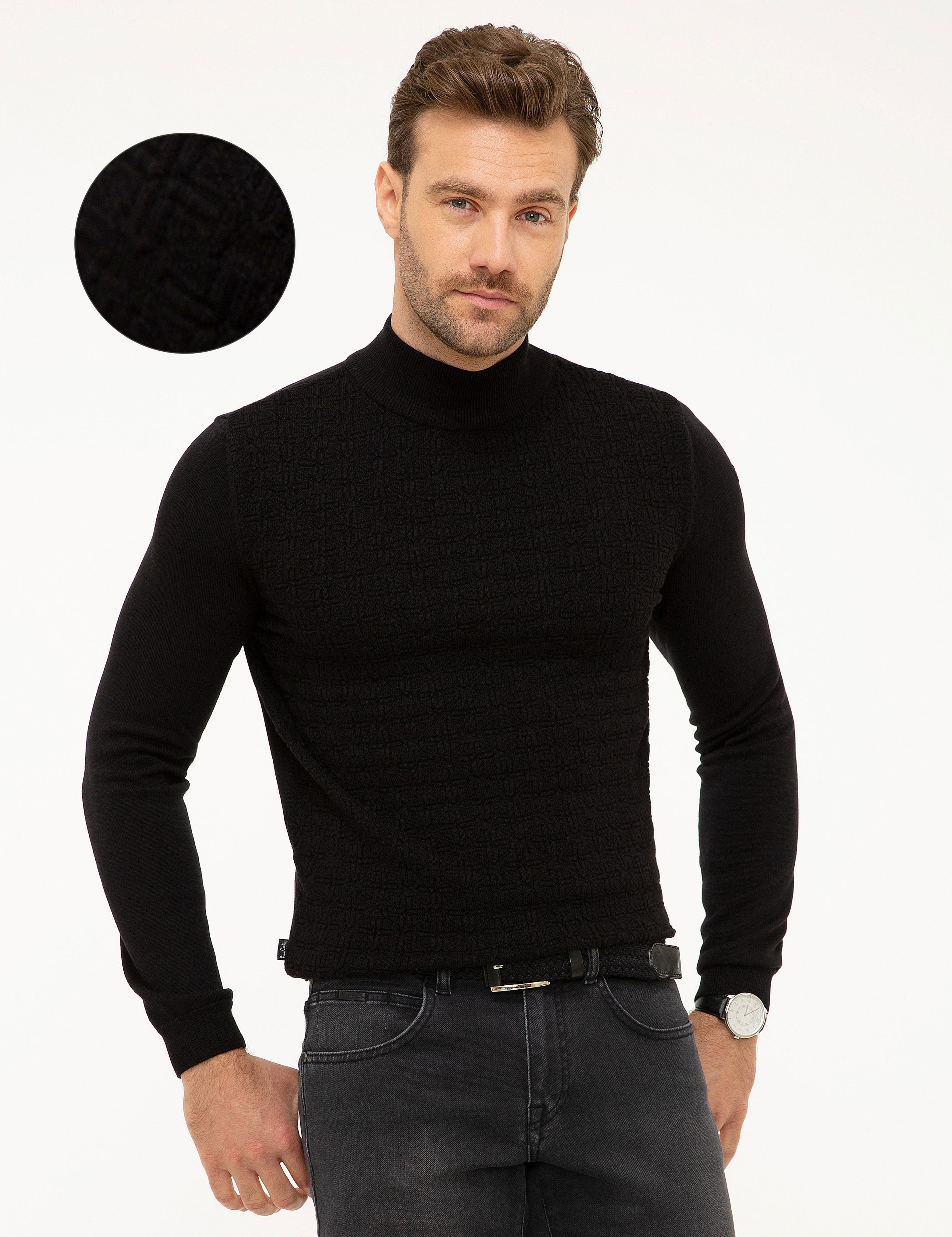 Siyah Slim Fit Yarım Balıkçı Yaka Triko Kazak - Image 1