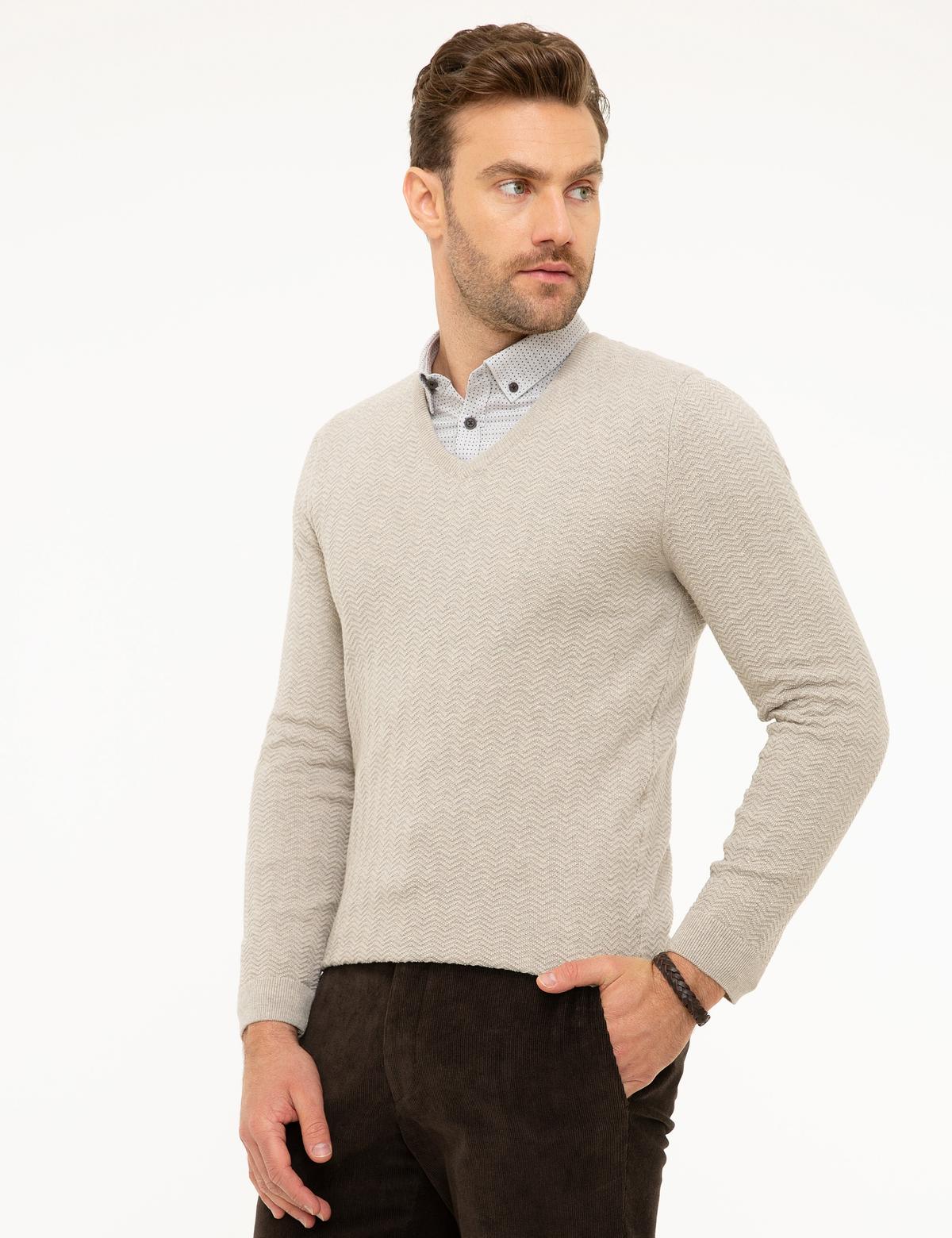 Kum Melanj Slim Fit V Yaka Triko Kazak - 50210687044