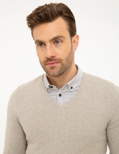 Kum Melanj Slim Fit V Yaka Triko Kazak - 50210687044