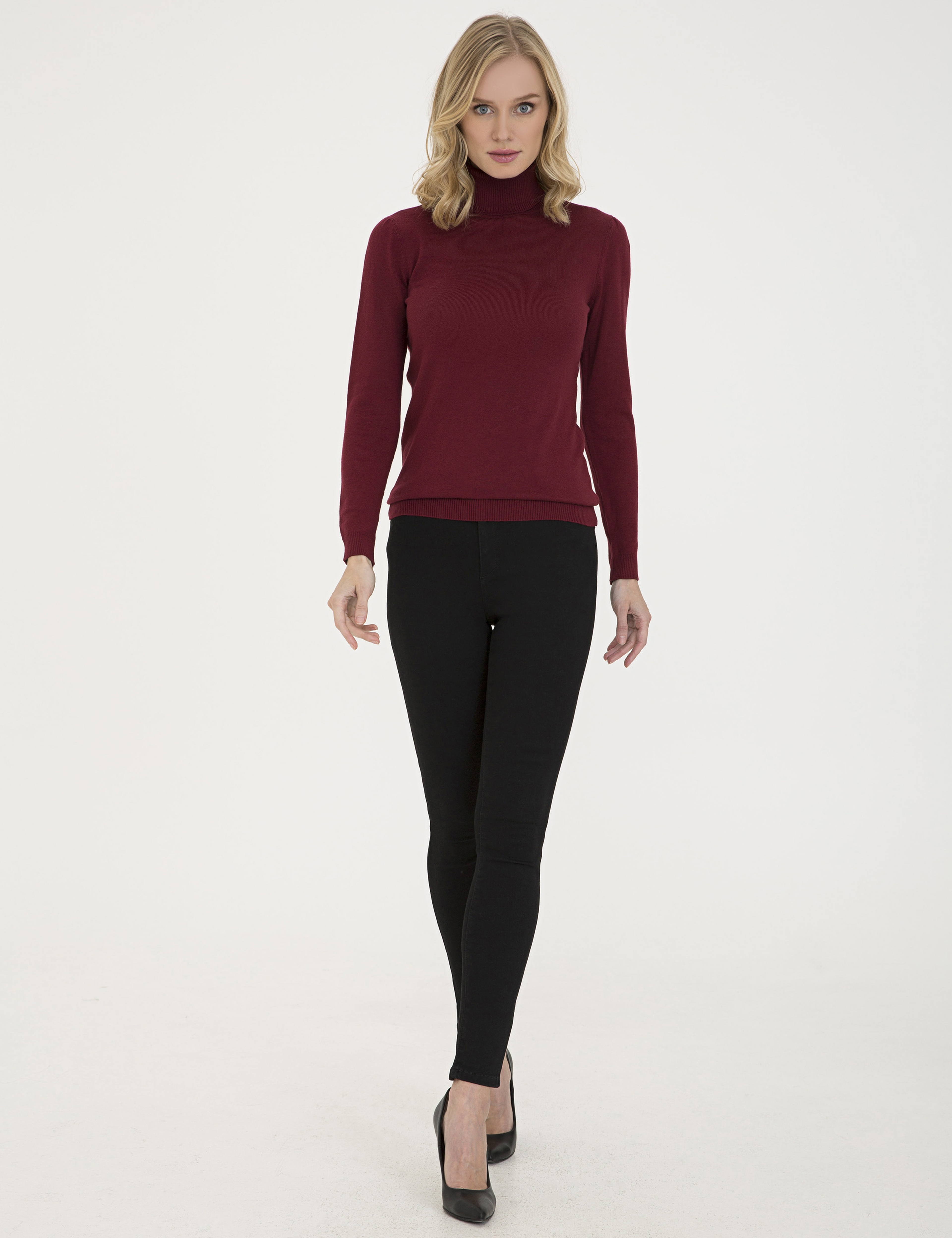 Bordo Slim Fit Balıkçı Yaka Triko Kazak