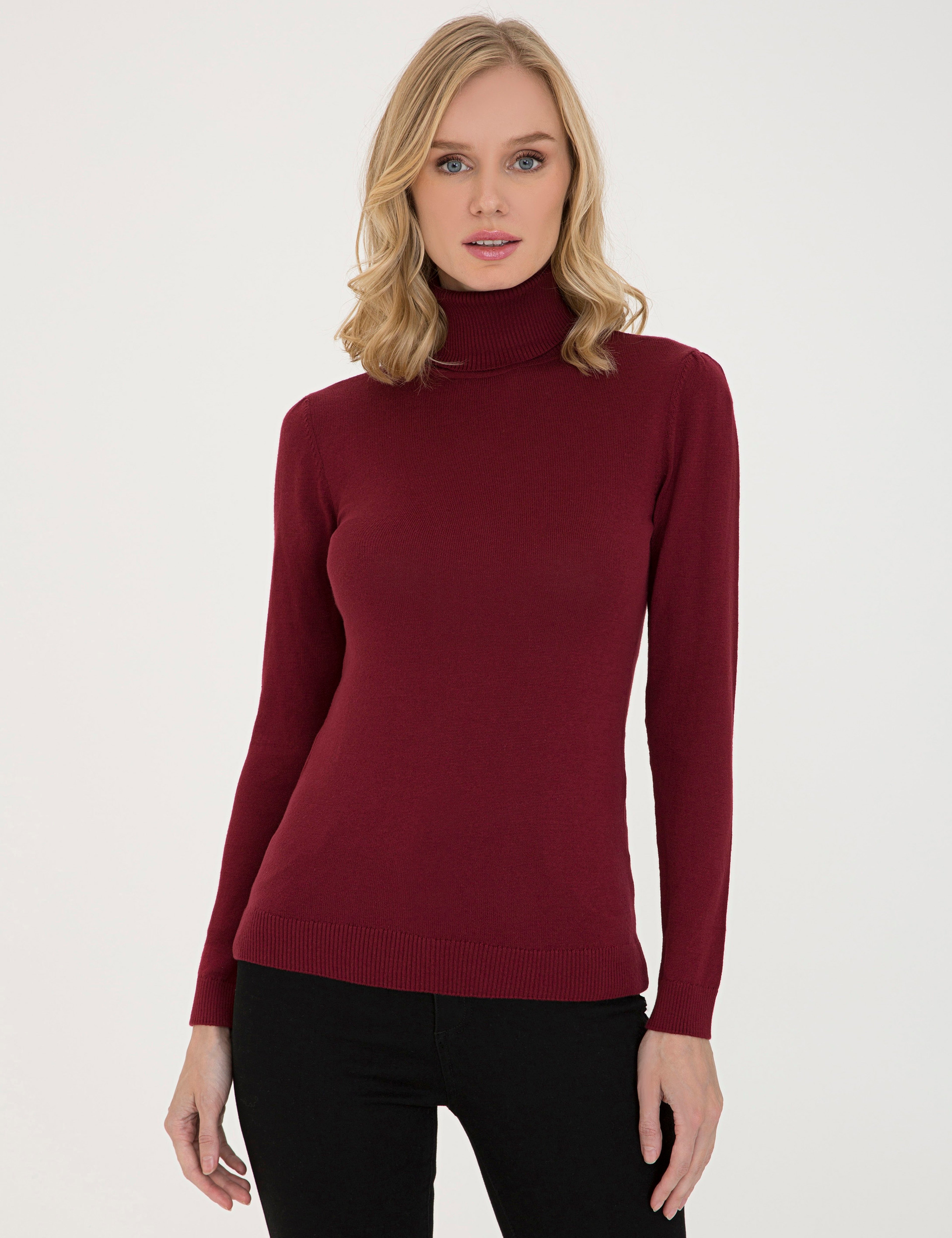 Bordo Slim Fit Balıkçı Yaka Triko Kazak - Image 1