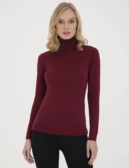 Bordo Slim Fit Balıkçı Yaka Triko Kazak - 50210416046