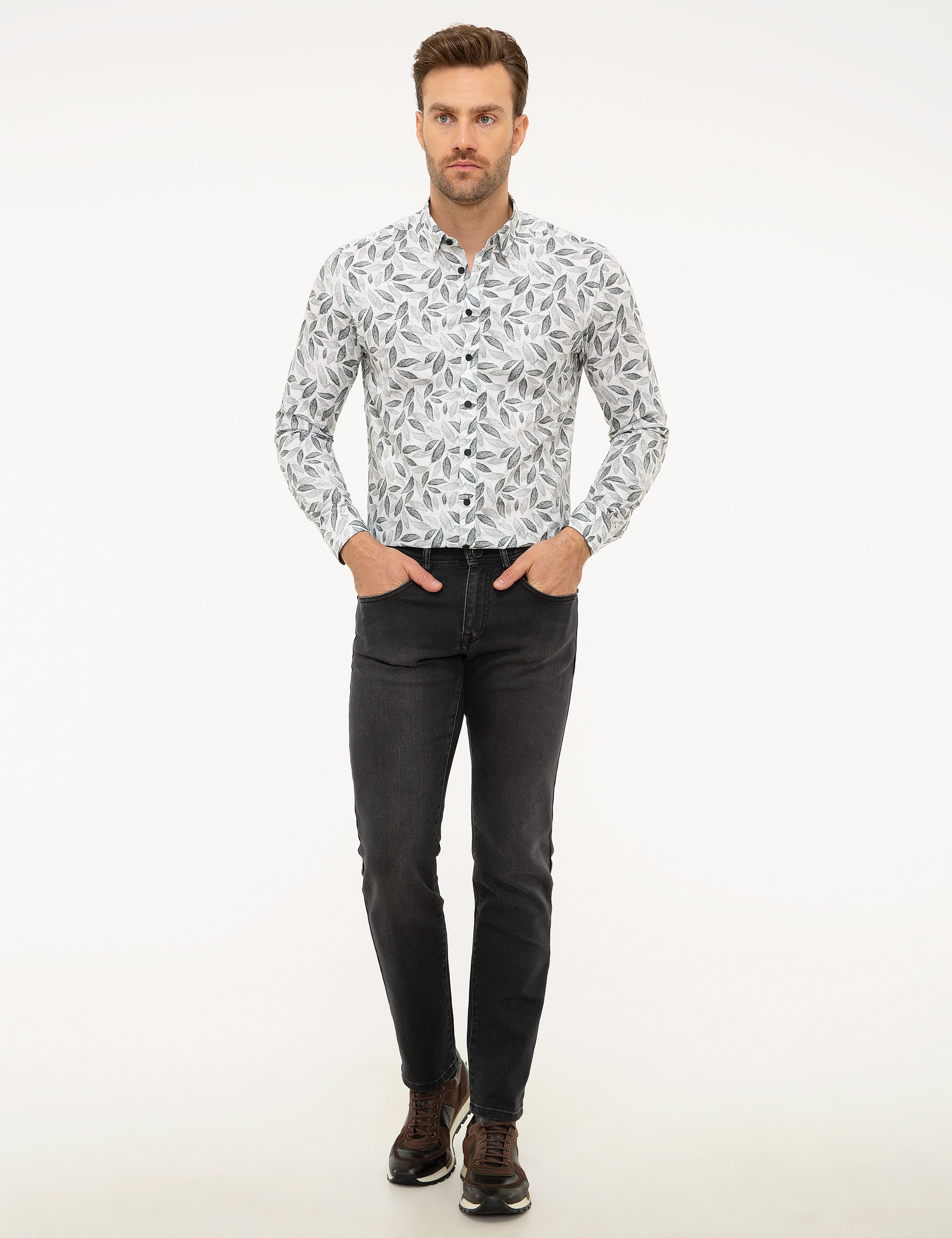 Gri Slim Fit Uzun Kollu Gömlek - Image 4
