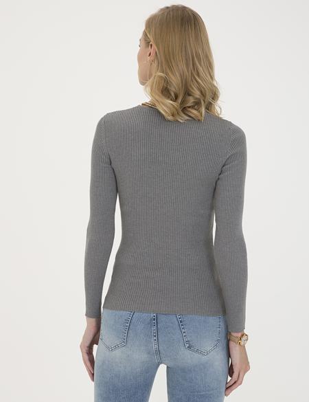 Gri Slim Fit V Yaka Kazak - 50210380017