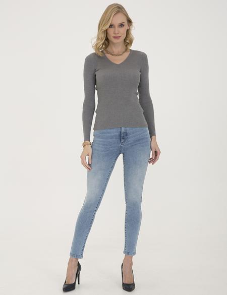 Gri Slim Fit V Yaka Kazak - 50210380017