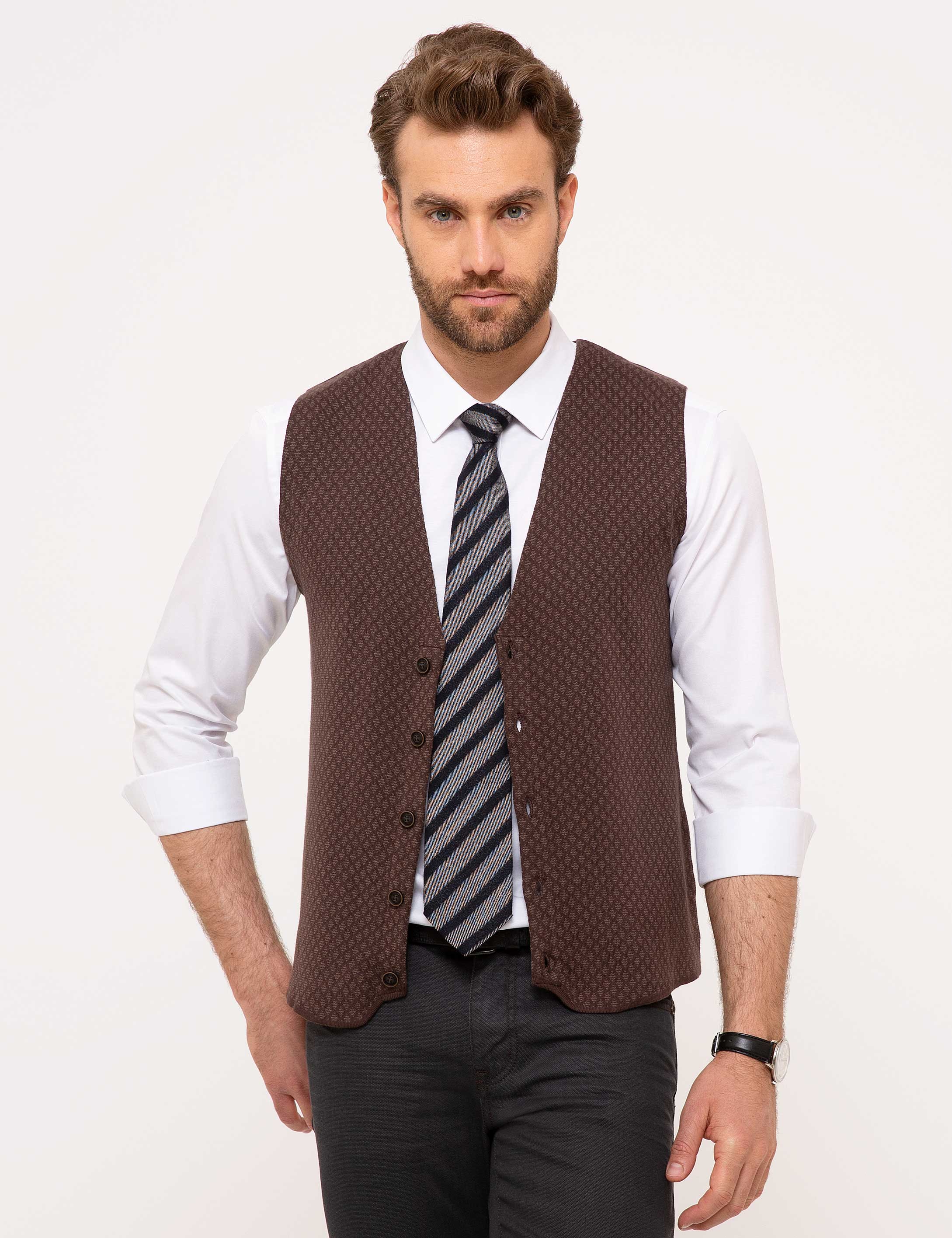 Kahverengi Slim Fit Triko Yelek