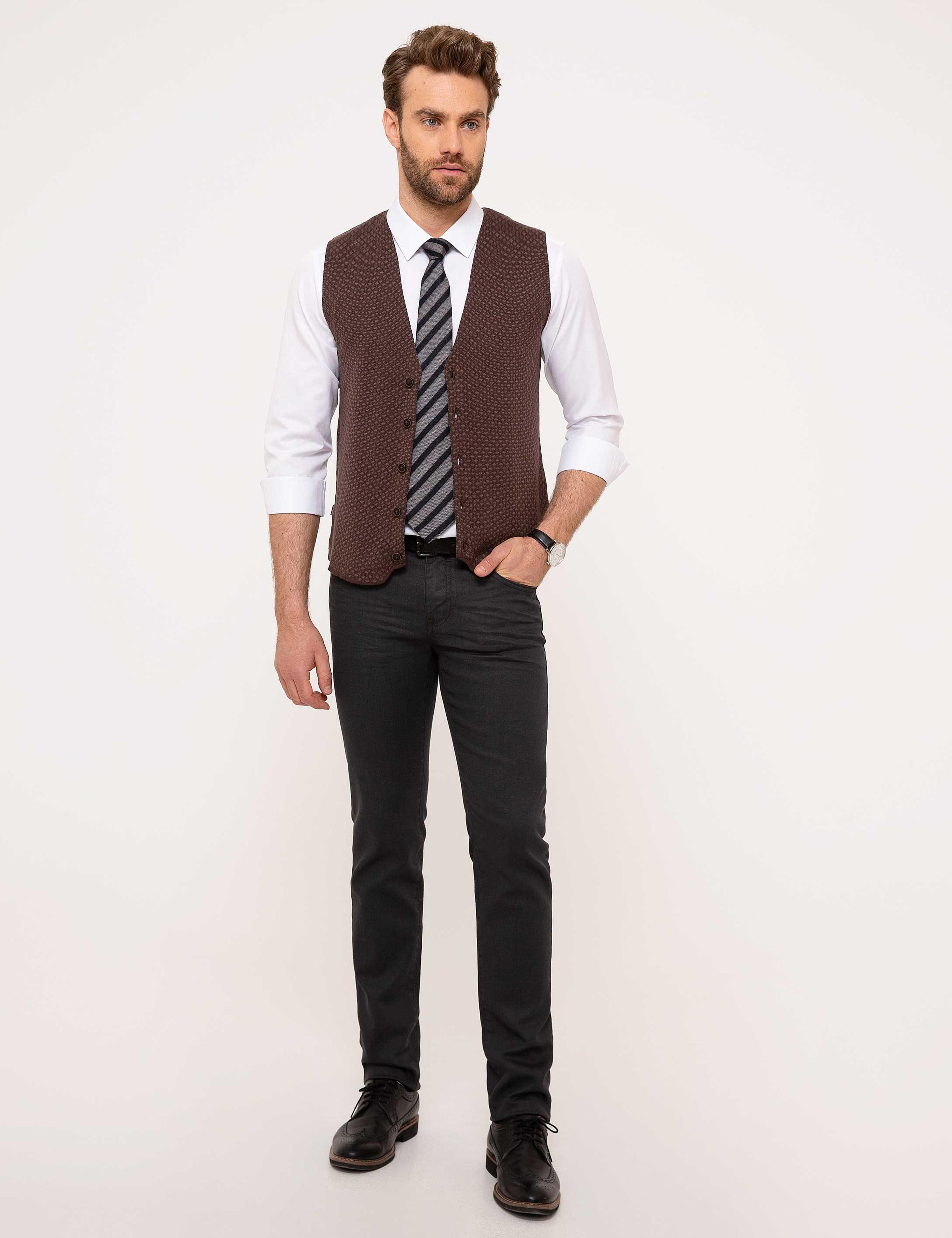 Kahverengi Slim Fit Triko Yelek