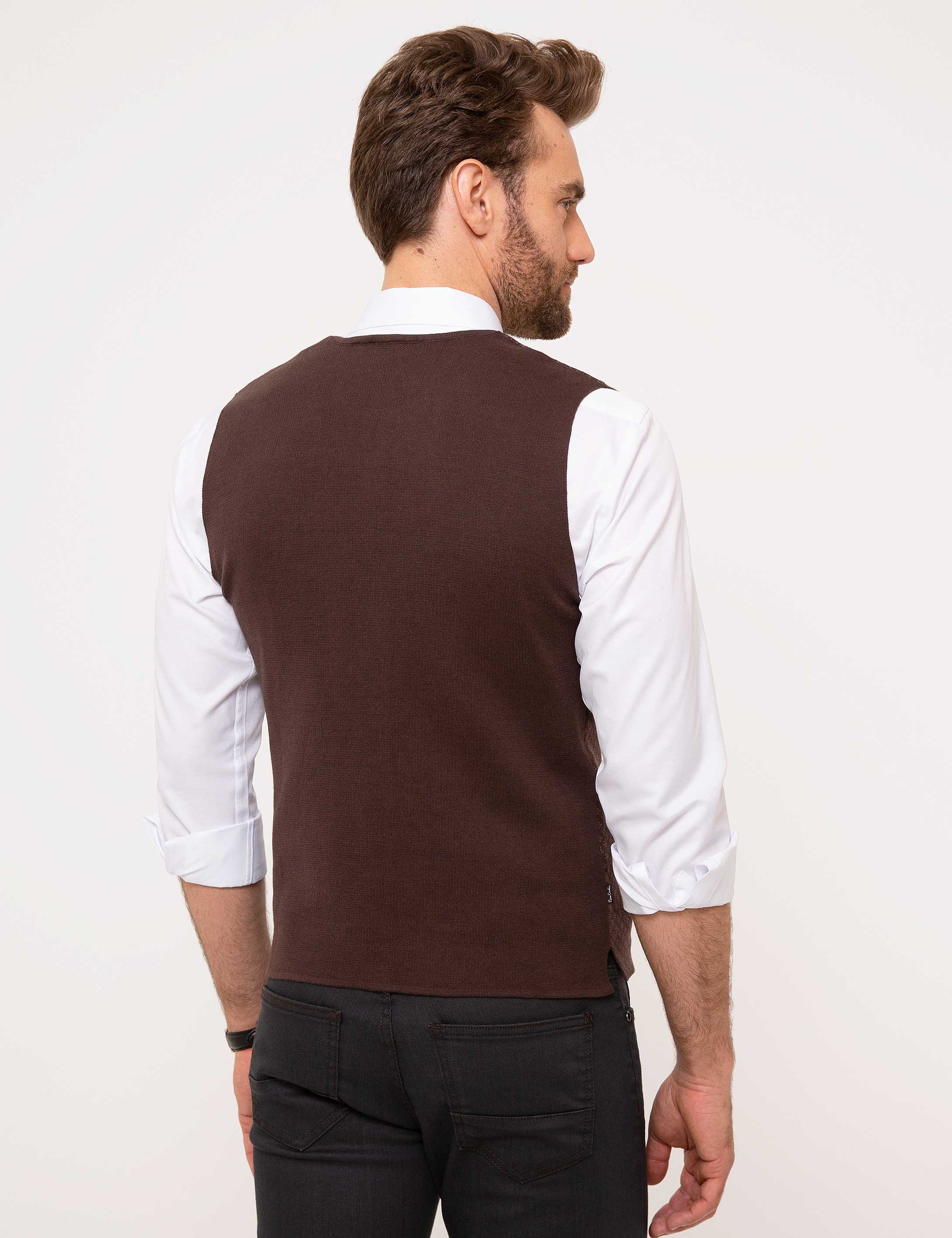 Kahverengi Slim Fit Triko Yelek