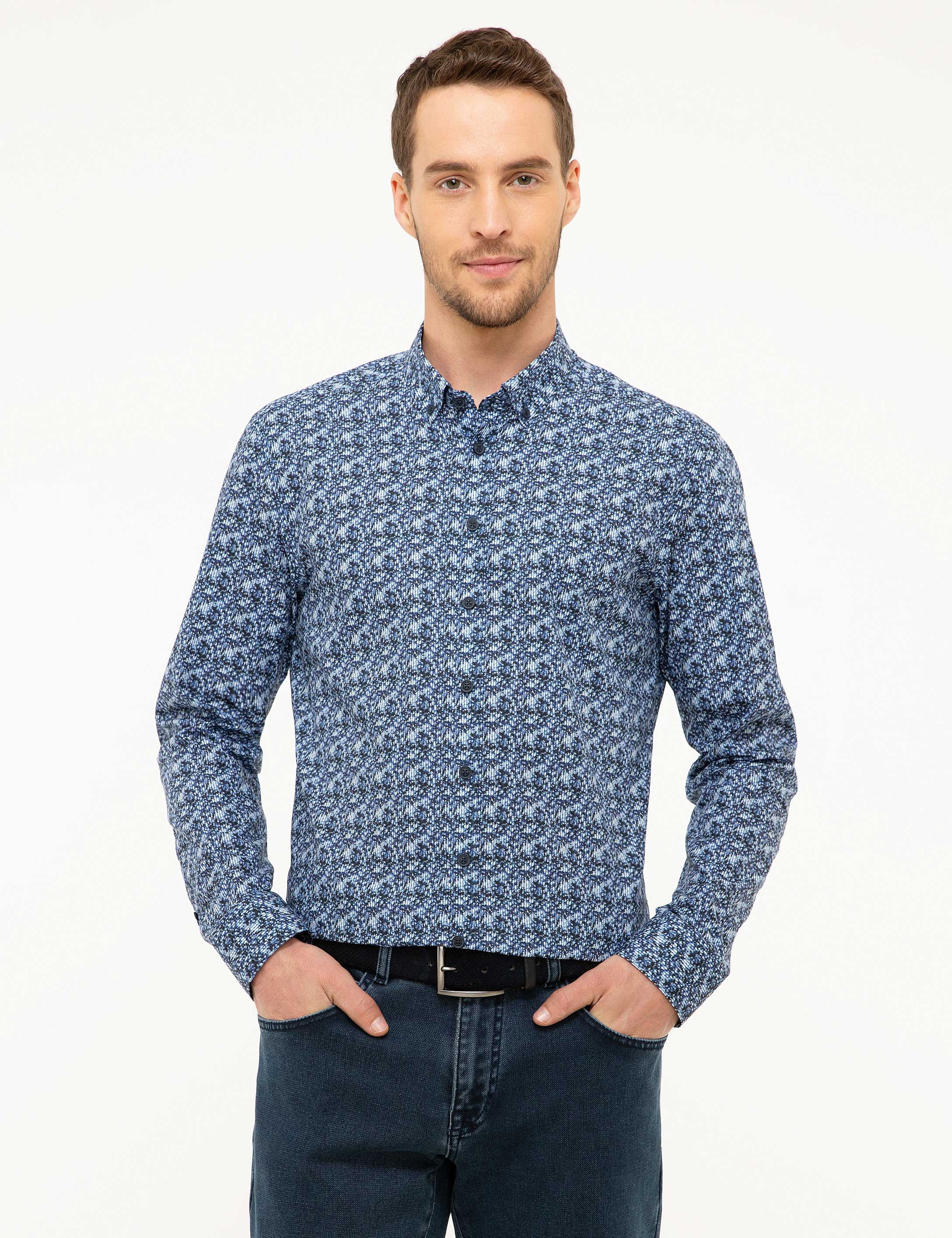 Lacivert Slim Fit Uzun Kollu Gömlek
