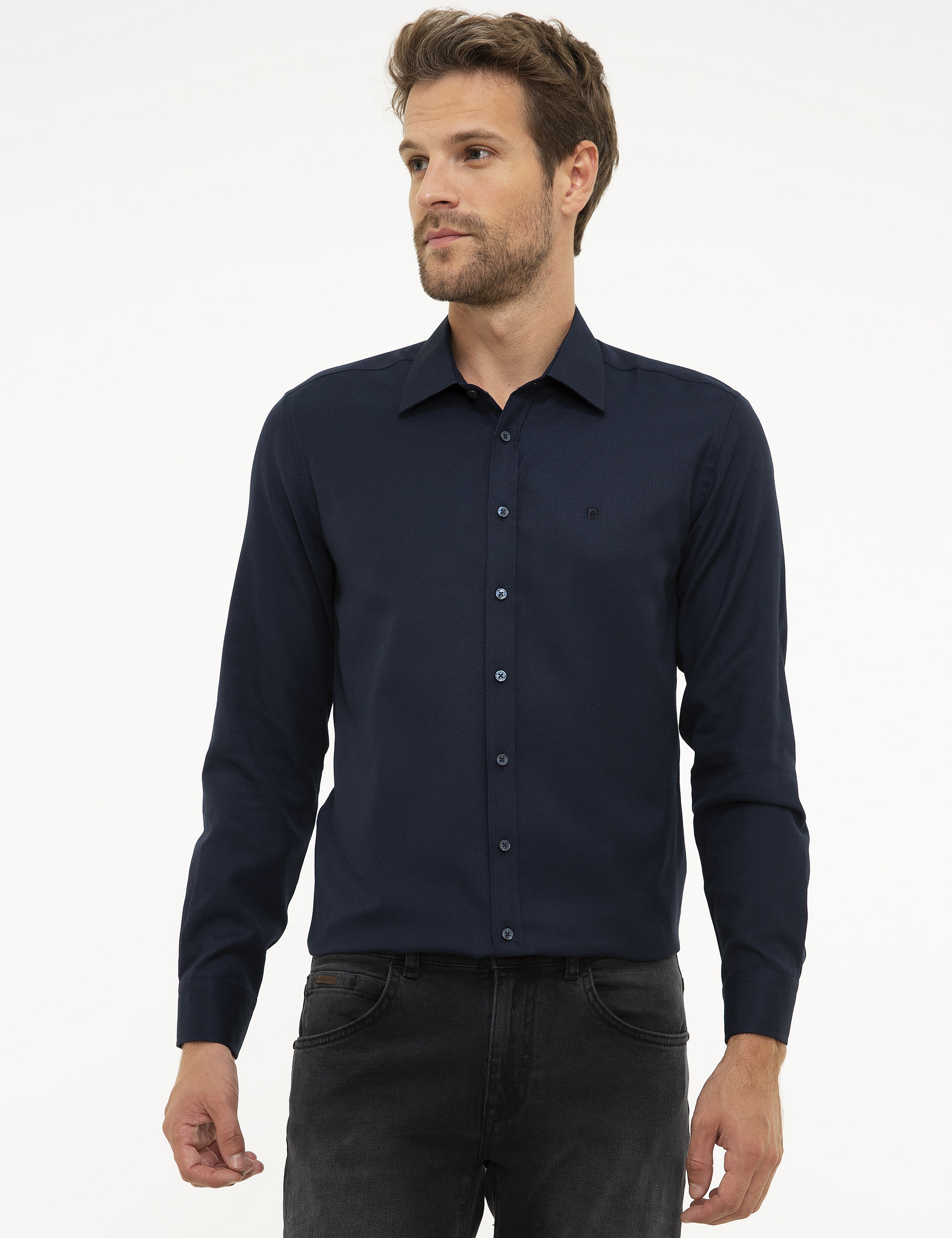 Lacivert Slim Fit Armürlü Gömlek - Image 1