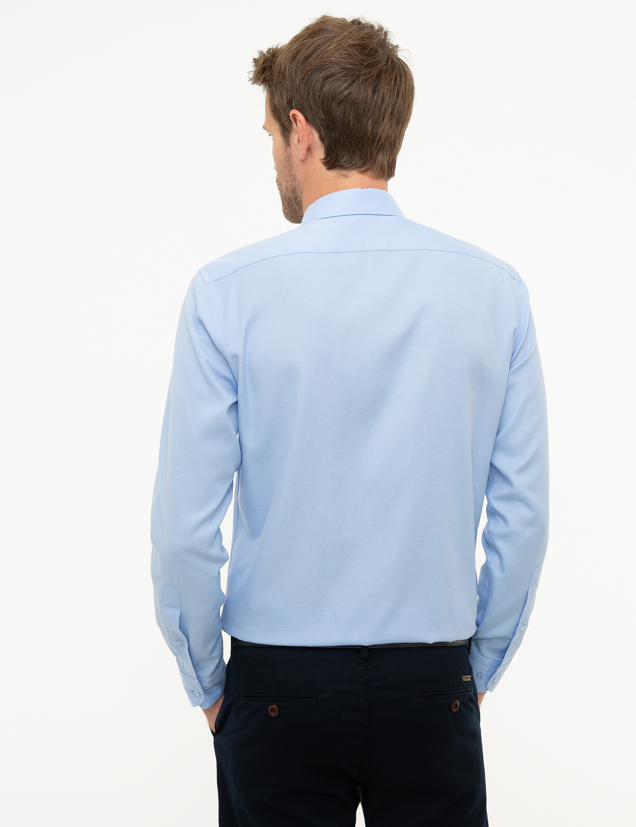 Açık Mavi Slim Fit Armürlü Gömlek - Image 3