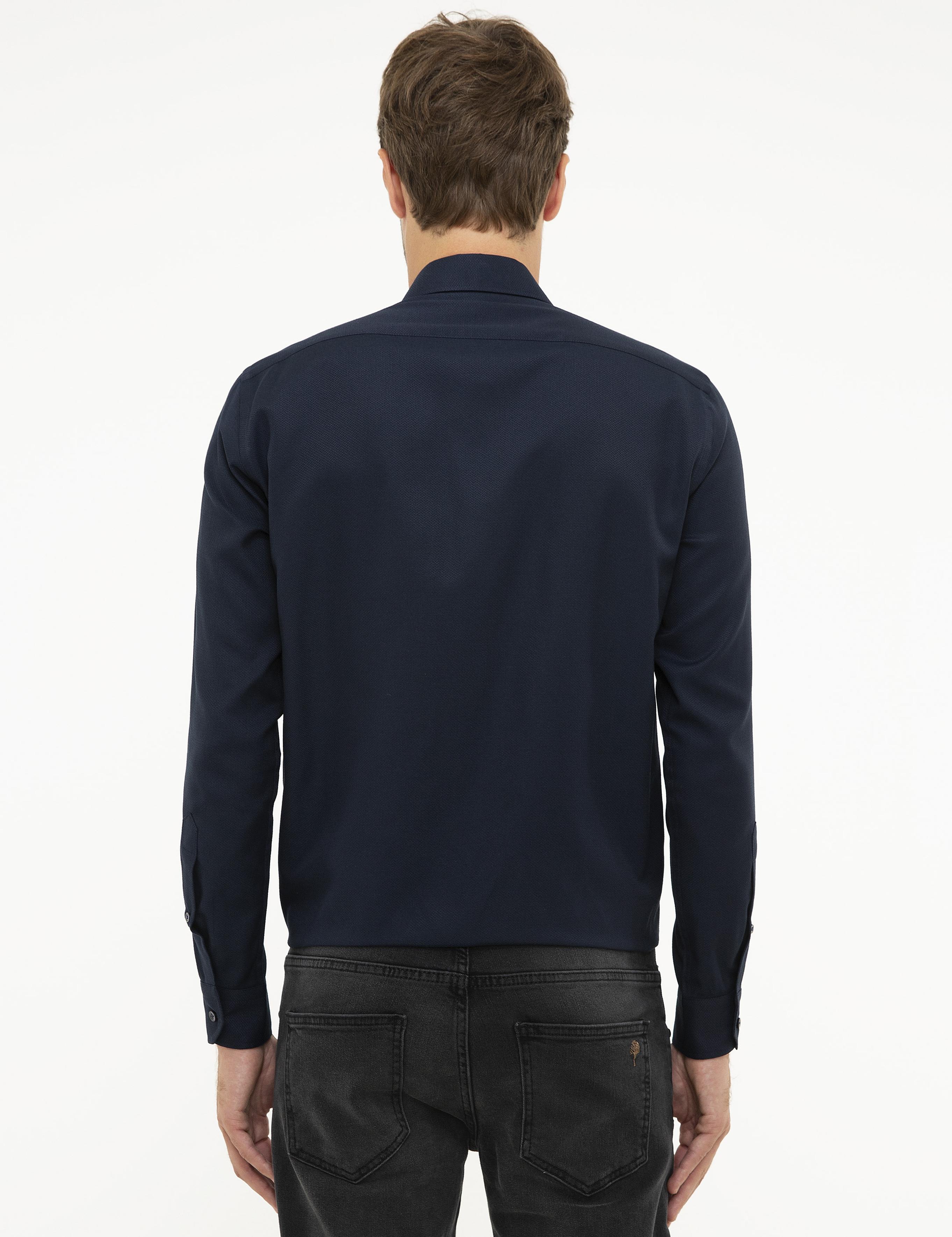 Lacivert Slim Fit Armürlü Gömlek